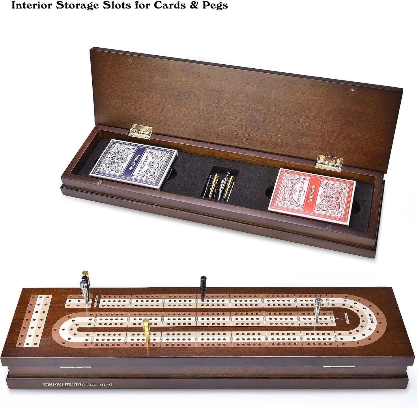 AMEROUS Wooden Cribbage Board Game Set with Magnetic Lock - Metal Pegs - 2 Playing Cards - Continuous 3 Track Board - Larger Storage Area, Travel Portable Cribbage Game Sets for Family