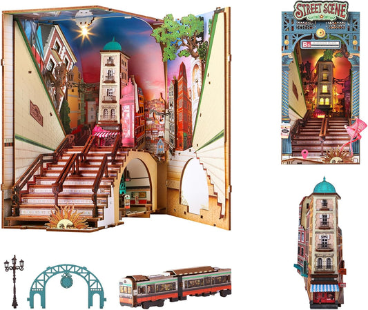 Rolife DIY Book Nook Kits for Adults, Miniature Dollhouse Booknook Kit, 3D Wooden Puzzle Creative Decorative Bookends Bookshelf Diorama Insert Crafts Hobbies Gifts (Street Scene)