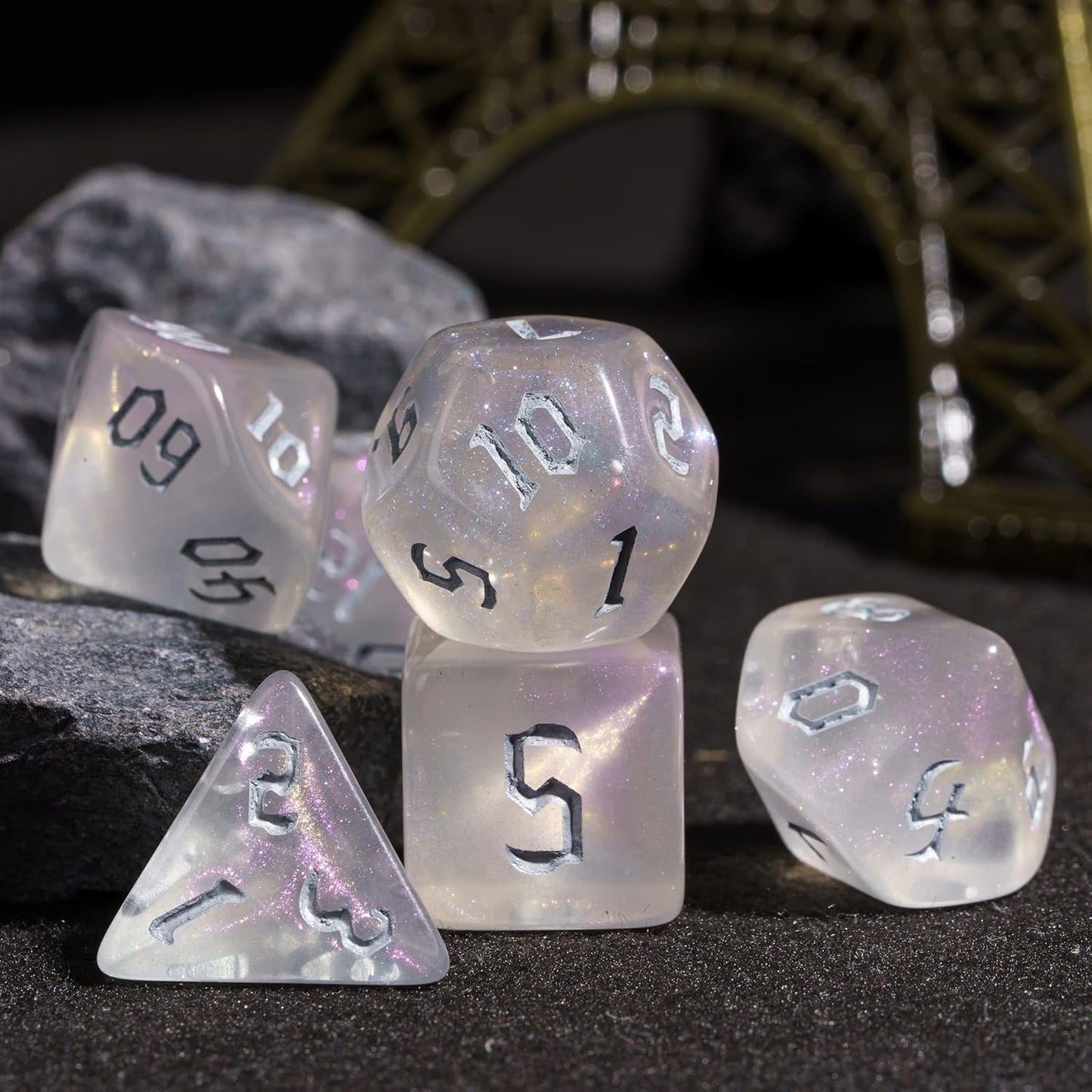 7-Die DND Dice Set Polyhedral Dice Set with Leather Bag D&D Dice Set for RPG Table Games (Transparent w/Glitter)