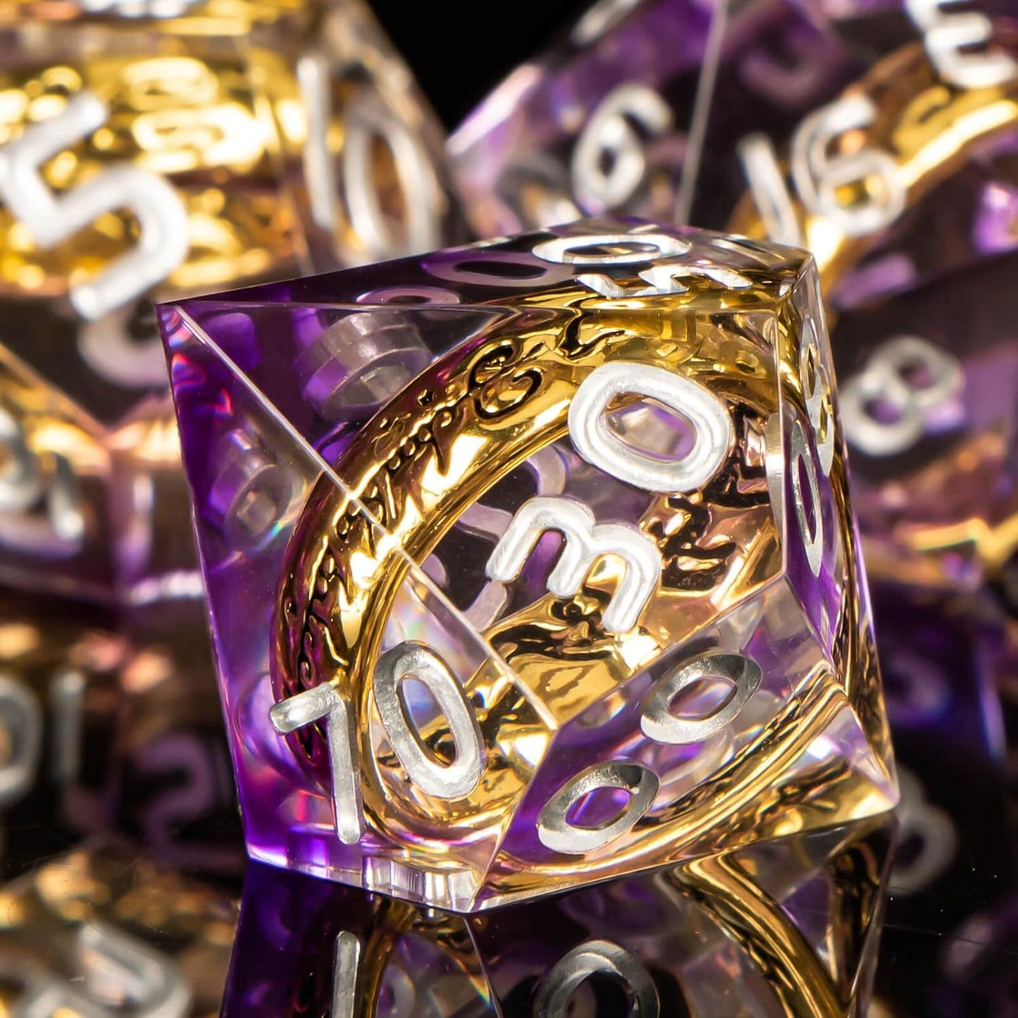 OUKELANWO Magic Lord Rings DND Dice Set with Box, 7Pcs Resin LOTR D&D Dice Set for Role Playing Game, Purple Dungeons Dragons D and D Sharp Edge Dice D20 D12 D10 D8 D6 D4