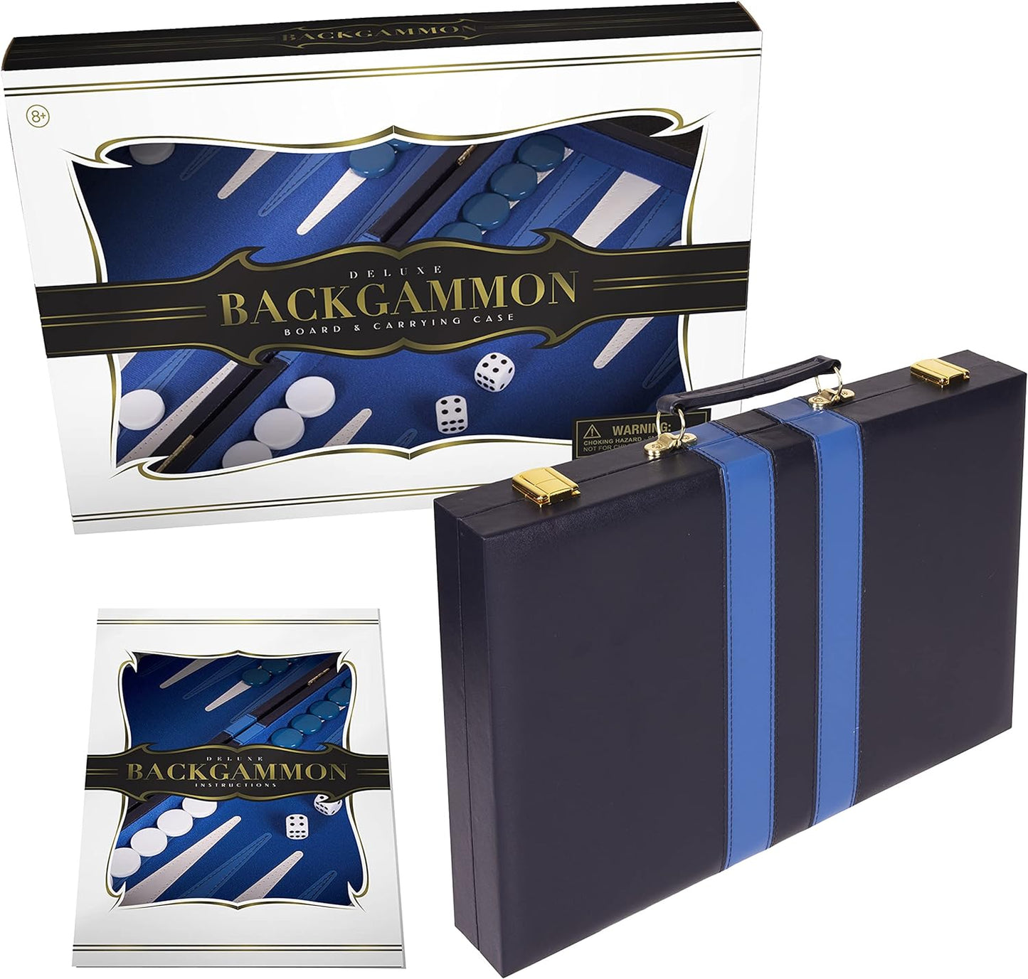Classic 18-Inch Backgammon Set – Premium Folding Board Game with Leatherette Case, Felt Surface & Complete Accessories – Blue – for Adults & Kids