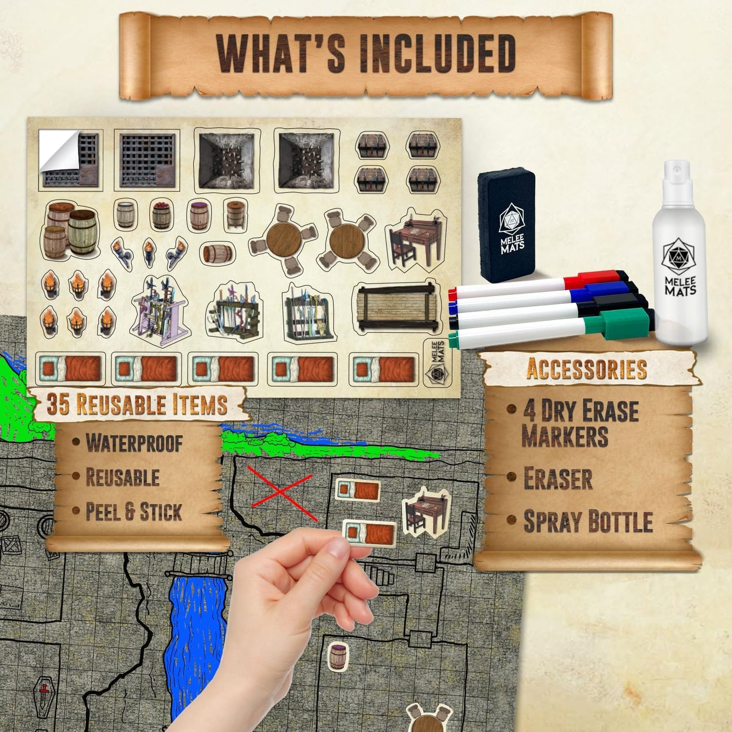 Melee Mats DND Map Starter Kit for Dungeons & Dragons Game - 24” x 36" 3 Pack Double Sided, Wet/Dry Erase Battle Terrain Grid - Ultimate Tabletop Board Gaming Experience with Accessories