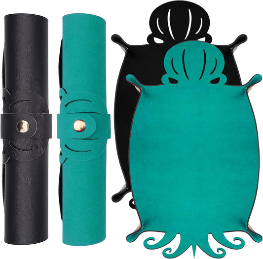 SIQUK 2 Pieces Octopus Dice Rolling Tray PU Leather Dice Mat Folding Scroll Dices Holder Trays for D&D RPG Games (Cyan, Black)