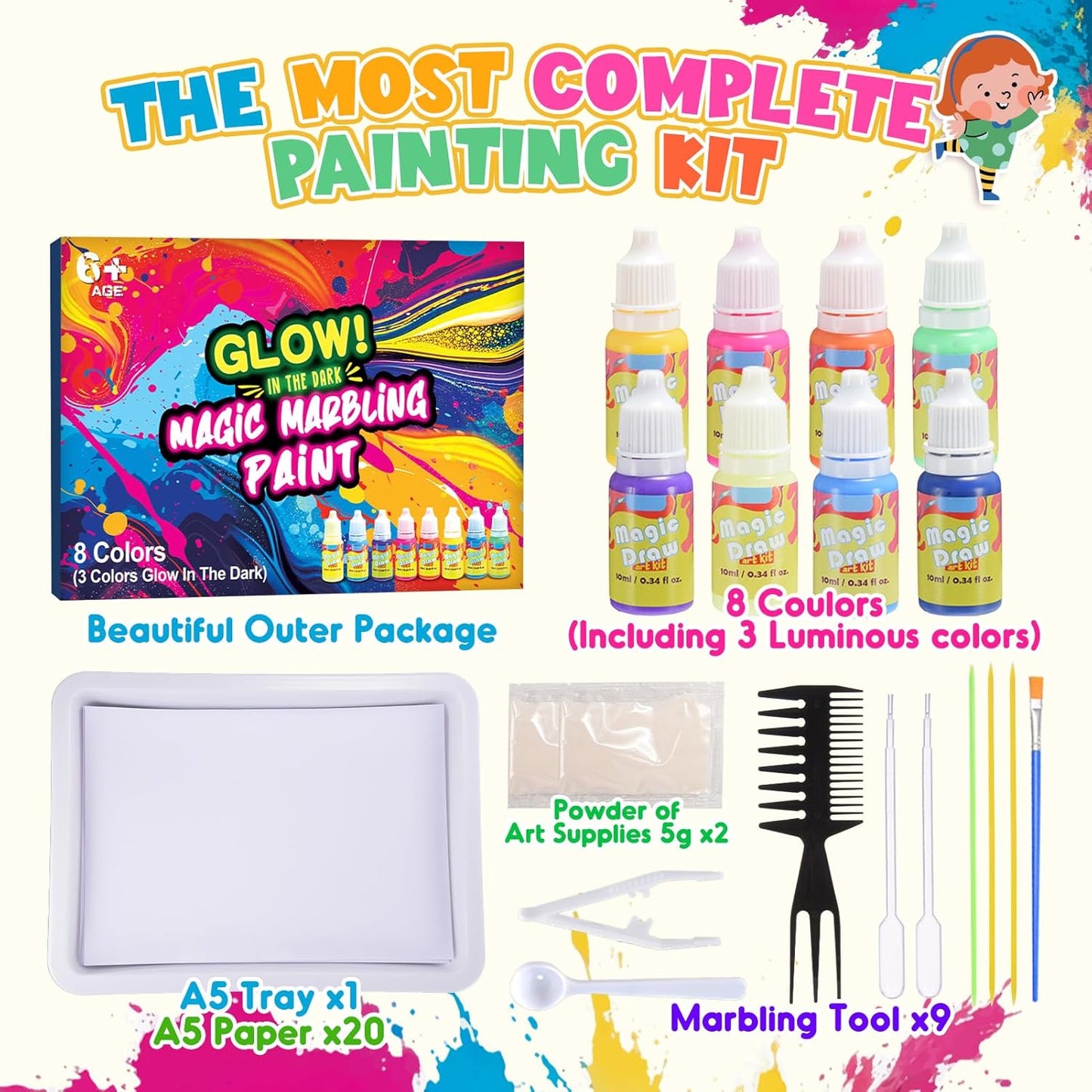 Glow Water Marbling Paint for Kids, Arts and Crafts Crafts for Kid Age 6-12 Birthday Gifts Ideas (Marbling Paint Blue)