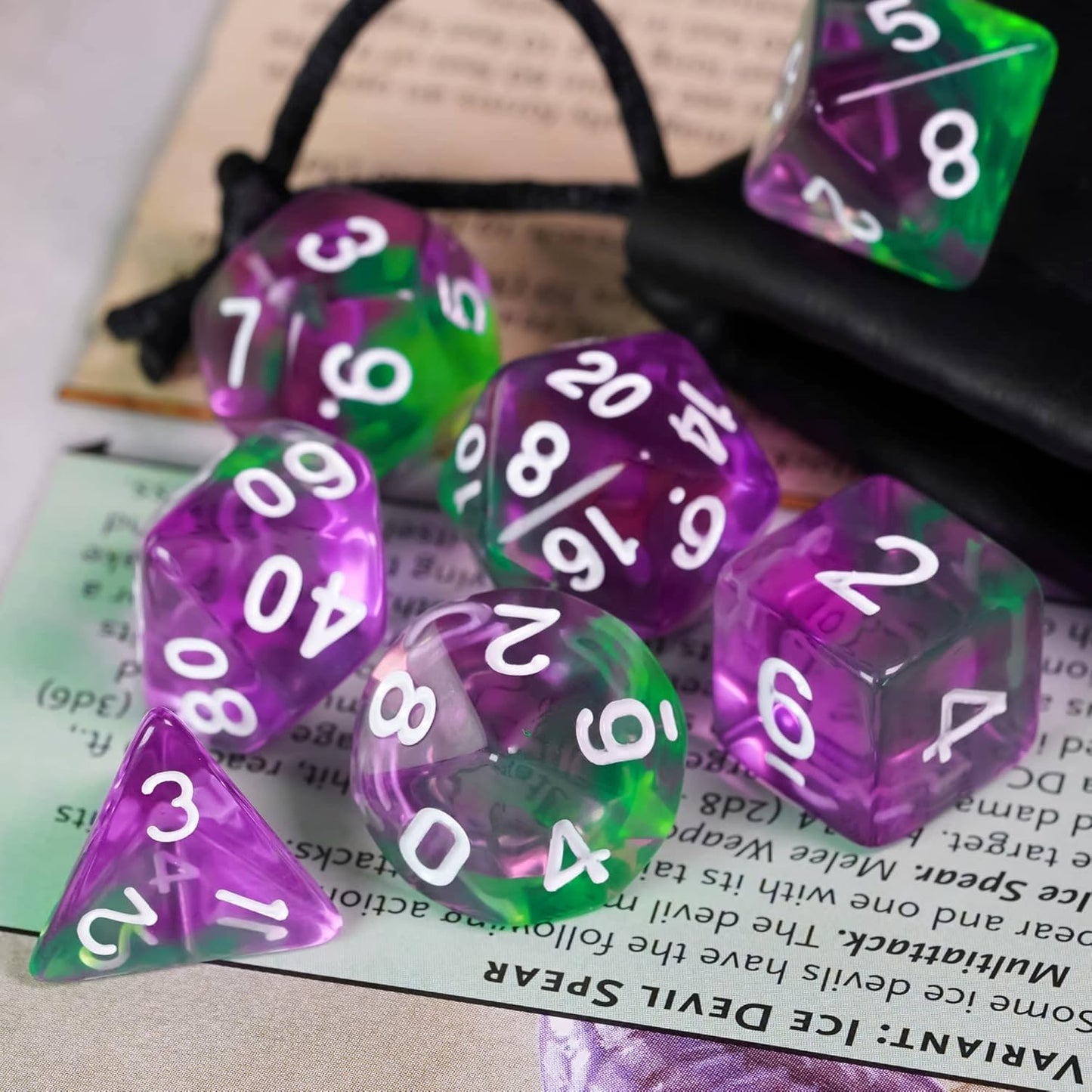 7-Die DND Dice Set Polyhedral Dice Set with a Leather Dice Bag, D&D Dice Set for Dungeons and Dragons, RPG, MTG Table Games (T/Purple Green)
