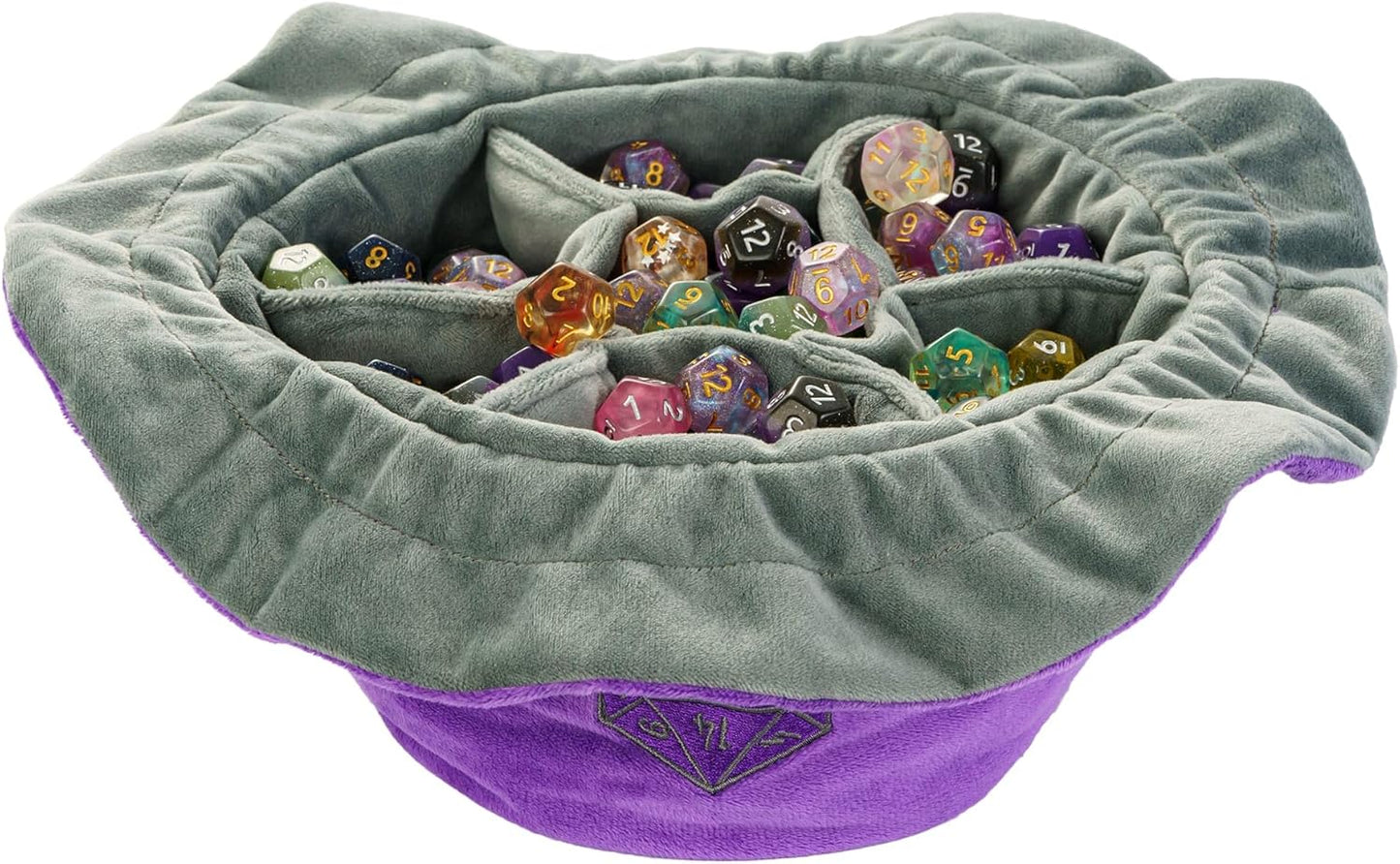 DND Dice Bags Large with Pockets Purple Storage Bag with D20 Logo for RPG Game Dices - Capacity 200+ Dice