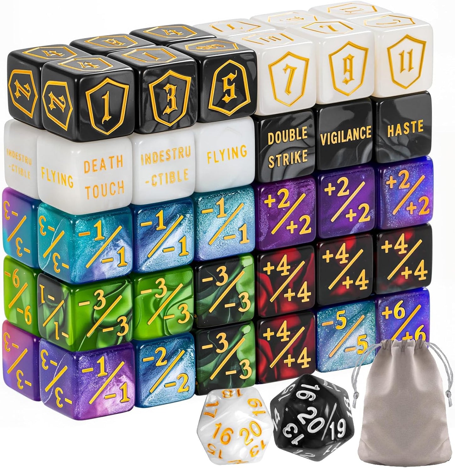 62 PCS MTG Dice Counters Set Keyword Tokens Abilities Life Counter 1/+1 counters Commander Buff Tokens Gold 6 Sided Dice Set for MTG, TCG, Card Games