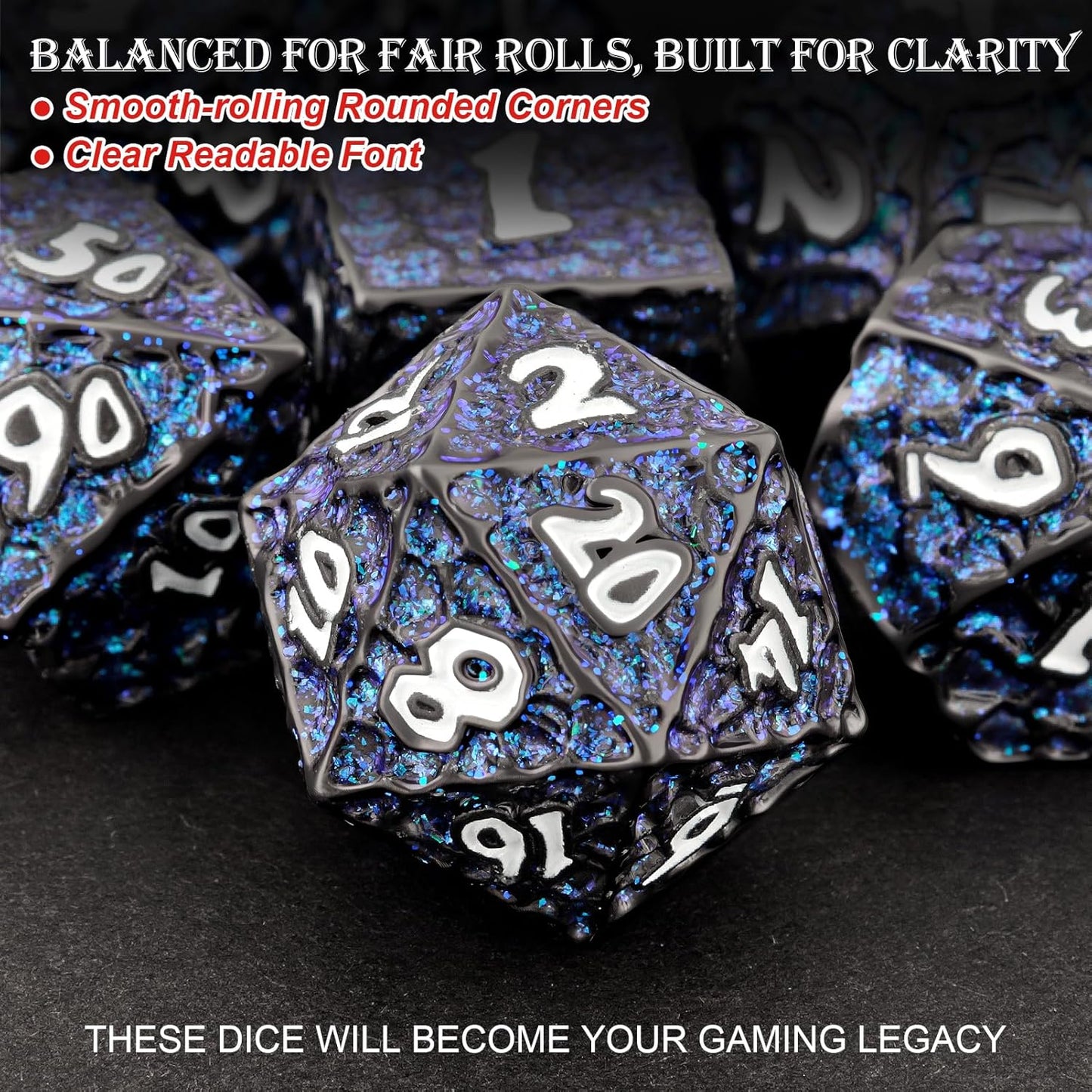 Haxtec Metal DND Dice Set Polyhedral D&D Dice Compatible with Dungeons and Dragons Gift TTRPG Black Blue Glitter Metal Dice