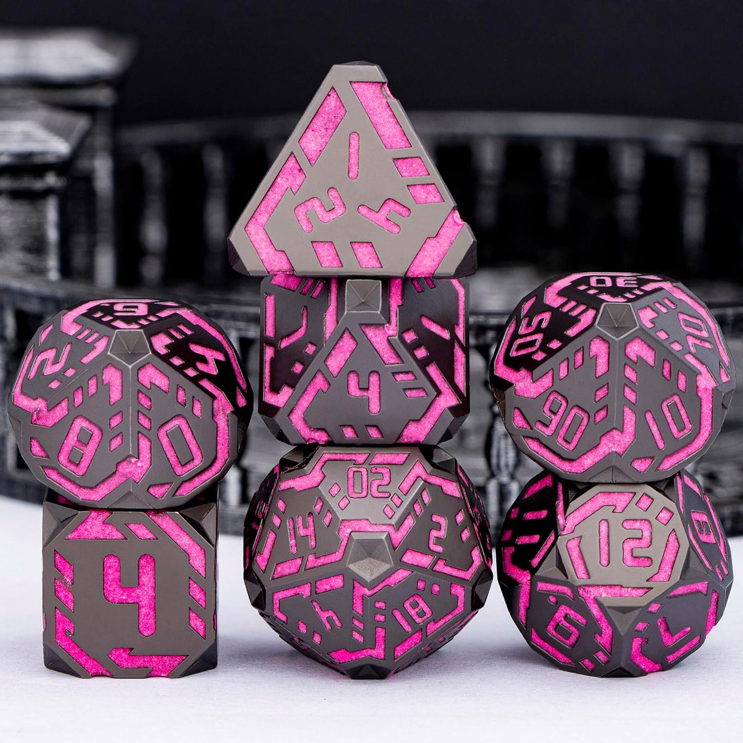 Metal DND Sci-fi Dice Set 7PCS Luminous Pink Stripe Polyhedral Dice for Dungeons Dragons RPG Role Playing Game, Glitter D and D Dice with Gift Box D6 D8 D10 D12 D20