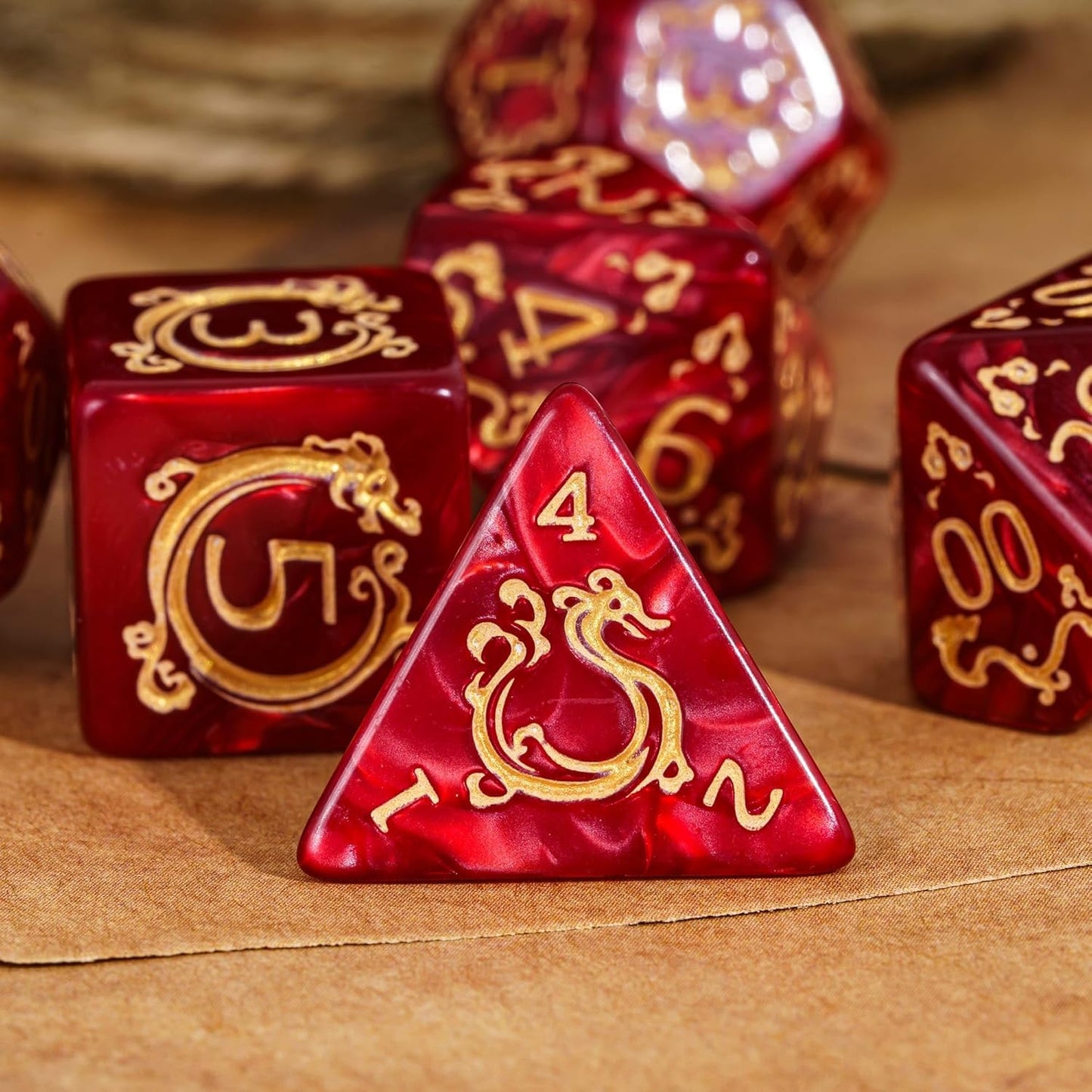 7-Die DND Dice Set Dragon Pattern Polyhedral Die with Leather Bag D&D Dice Set for RPG Table Games (Red W/Gold Dragon Pattern)