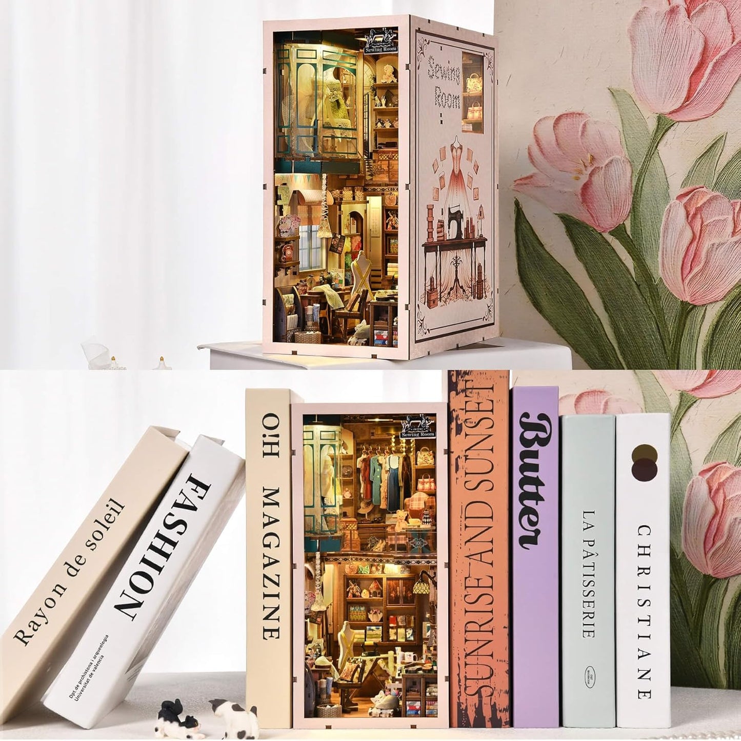 Book Nook Kit, DIY Miniature House Dollhouse Kit for Adults and Teens, 3D Wooden Puzzle Bookend Creative Bookshelf Insert Decor with LED Light, Gifts for Family, Friends (Sewing Room)
