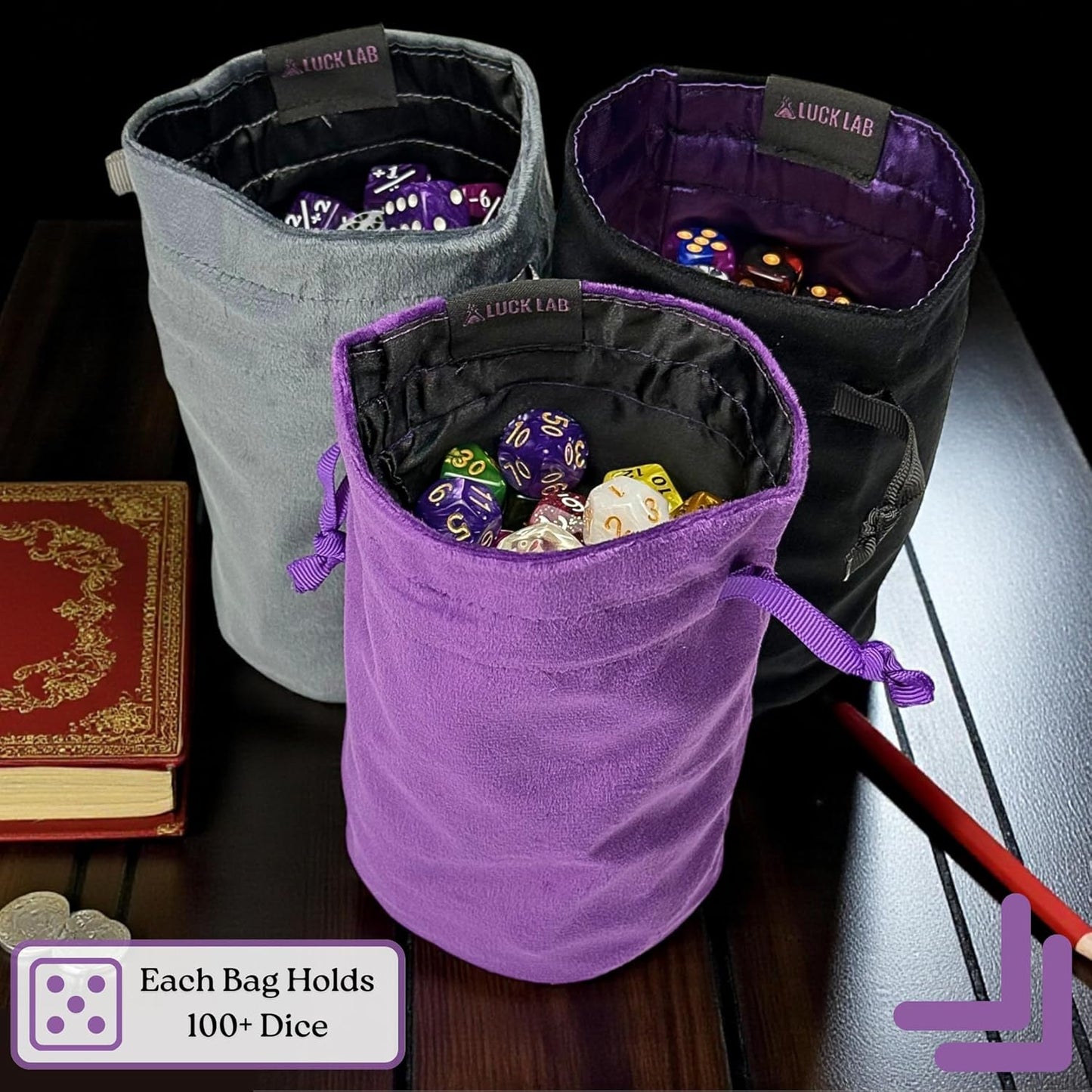 Luck Lab Velvet Drawstring Dice Bag - Set of Three Colors - Dungeons and Dragons Fabric/Standing Cotton Fabric Dice Bags/D&D Dice Pouch/Small Pouch/Velvet Jewelry Bag (Purple, Black, Grey)