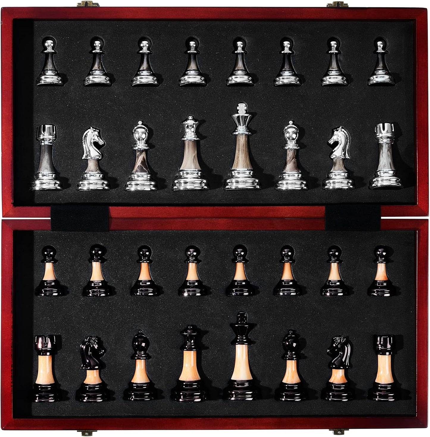 VAMSLOVE Chess Set Large 16''/42cm Folding Wooden Board with Deluxe Weighted Acrylic Chess Pieces - 3.5" King with Storage Slots for Adults House Warming Retirement Gift