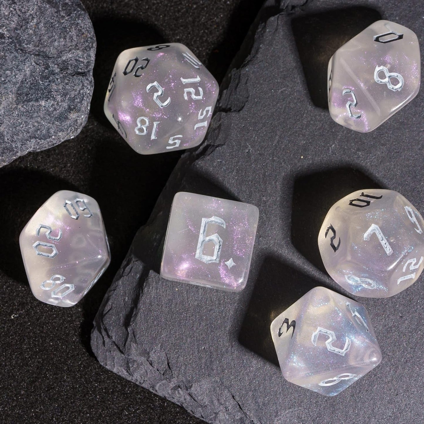 7-Die DND Dice Set Polyhedral Dice Set with Leather Bag D&D Dice Set for RPG Table Games (Transparent w/Glitter)