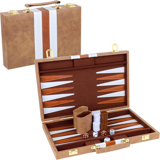 Backgammon Set 2 Players Classic Backgammon Sets for Adults Board Game with PU Leather Case Portable and Travel Backgammon Set (Retro Brown, 15inch)