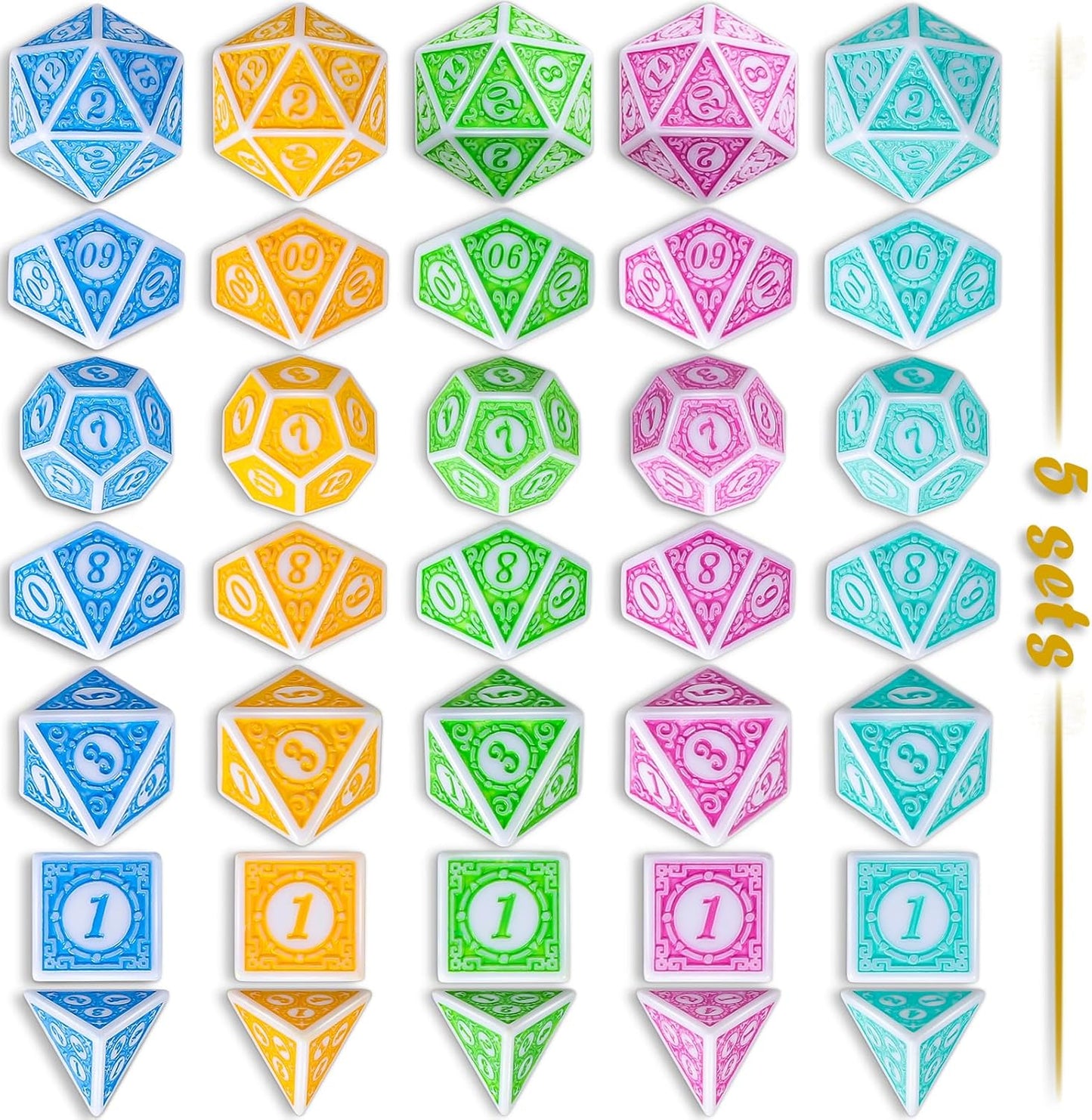 CiaraQ DND Dice with 5 Pouches, 5 Sets of Retro Polyhedral Dice for MTG D&D Board Games, 35 Pieces Role Playing Dice