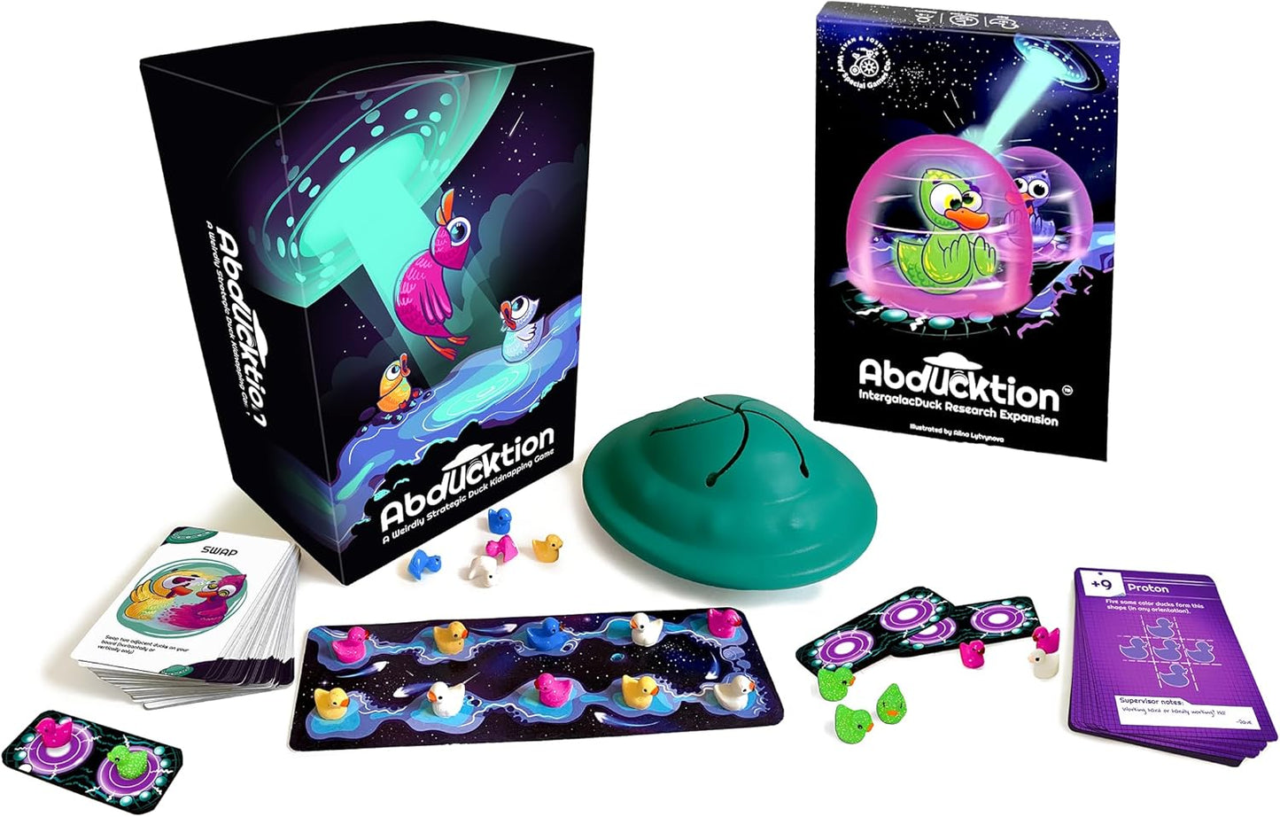 Abducktion - Bundle Base + IntergalacDuck Research Expansion Combo Pack, 25-30 Minutes, Ages 12+, A weirdly Strategic Duck Kidnapping Game, a UFO, and Mind-Bending, Shape-Finding Logic!