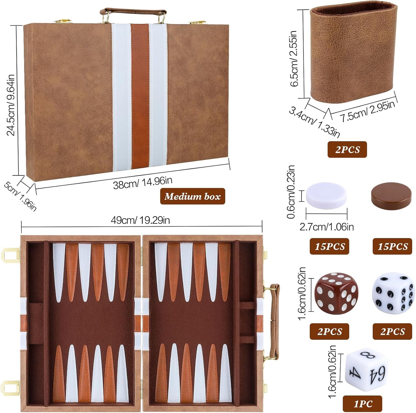 Backgammon Set 2 Players Classic Backgammon Sets for Adults Board Game with PU Leather Case Portable and Travel Backgammon Set (Retro Brown, 15inch)