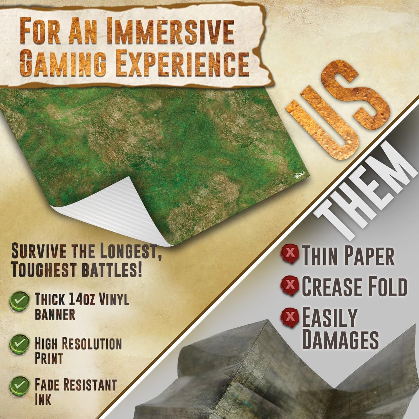 Battle Game Mat for DND - [48" x 72"] Wargaming Tabletop Map - Gaming Board for Warhammer 40k, Dungeons and Dragons, Wargame RPG - Vinyl Gaming Grass Terrain