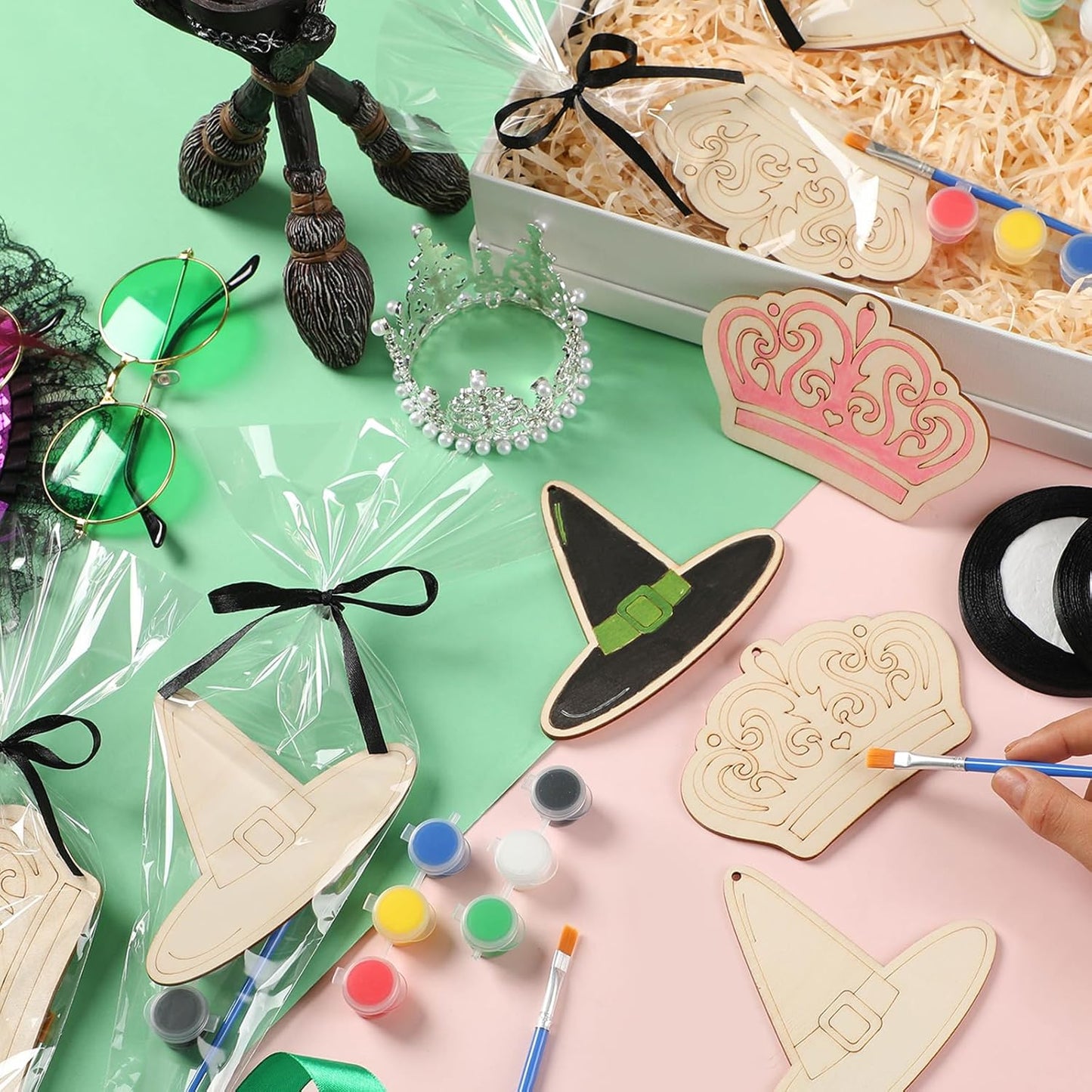 24 Set Paint Your Own Witch Princess Party Favors Pink and Green Party Supplies Witch Hats Princess Crowns DIY Wood Painting Craft Kit Color Your Own Arts Crafts Kit for Birthday Gift