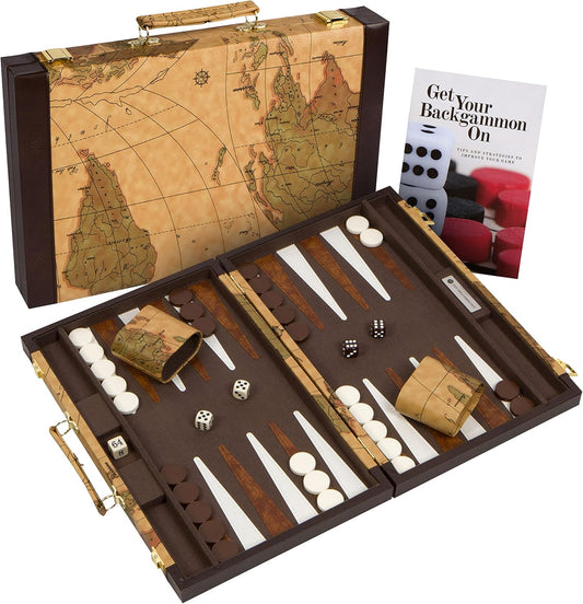 Get The Games Out Top Backgammon Set - Travel Backgammon Sets for Adults - Small Travel Size Classic Backgammon Board Game Case - Includes Strategy Guide & Full 15 Pieces (Map Edition, Small)