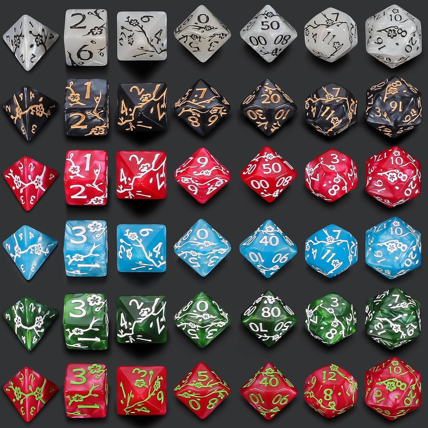 CiaraQ Polyhedral Dice Set (42pc) with 6 Drawstring Dice Pouches for Dungeons and Dragons RPG MTG Table Games. 6 Sets of Plum Blossom Pattern Role Playing Dice