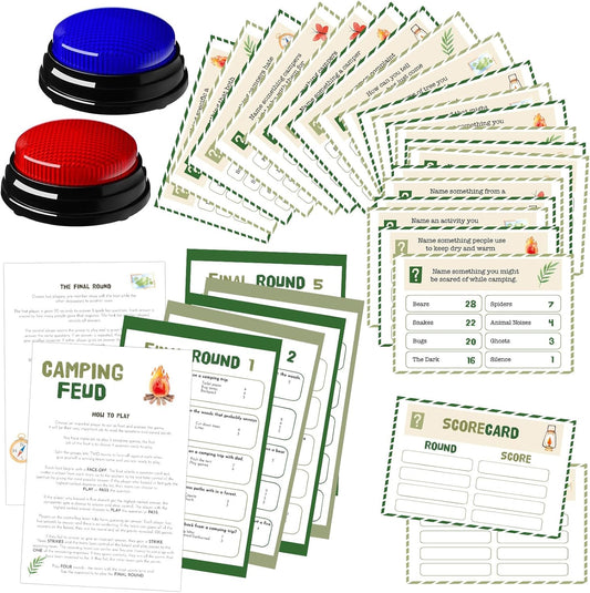 30 Pcs Camping Friendly Feud Game Set Camping Party Game Trivia Quiz with 18 Card 2 Buzzer for Adults Family Games Activities Party Supplies, Battery Not Included