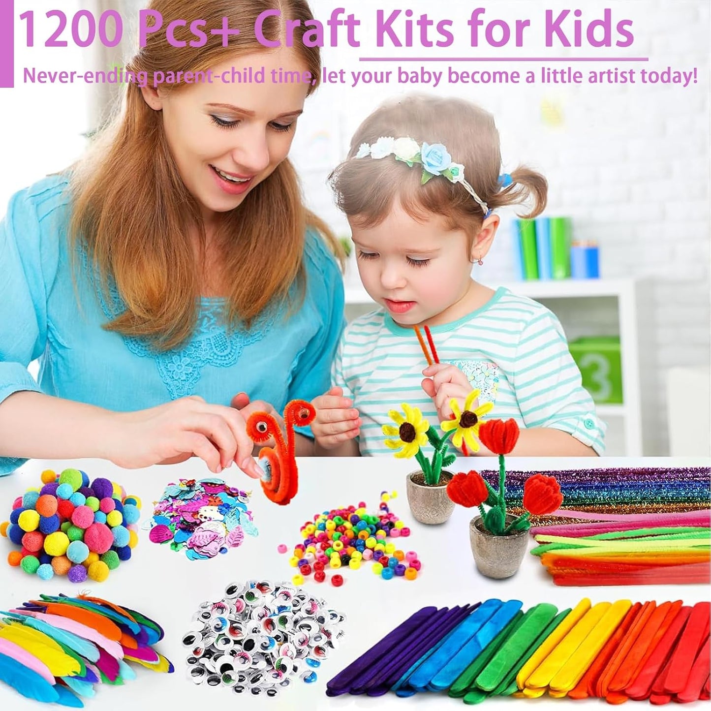 FUNZBO 1200pcs+ Arts & Crafts Supplies for Kids- Craft Kits with Pipe Cleaners, Pom Poms for Crafts, Popsicle Sticks for Craft, Craft for Kids Ages 4-8 Girls & Boys Birathday Gifts