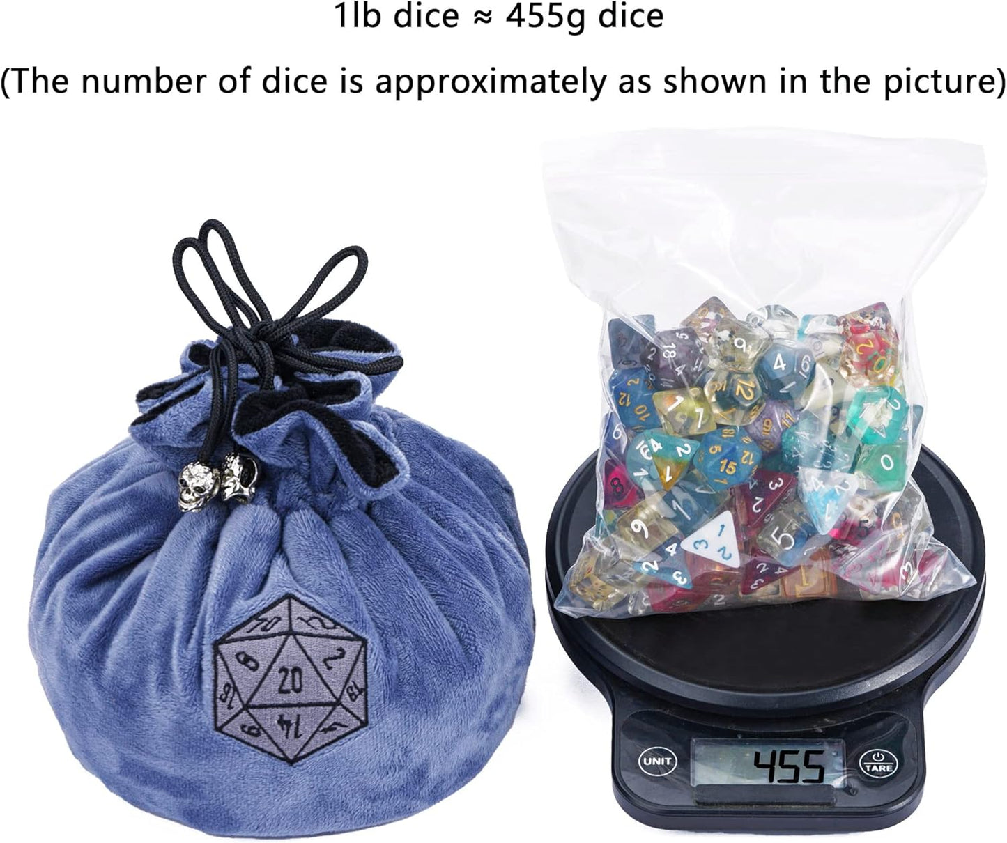 Large Dice Bags with Pockets Blue Storage Bag D20 Logo for DND RPG Game Dices (with 1lb Random DND Dice)