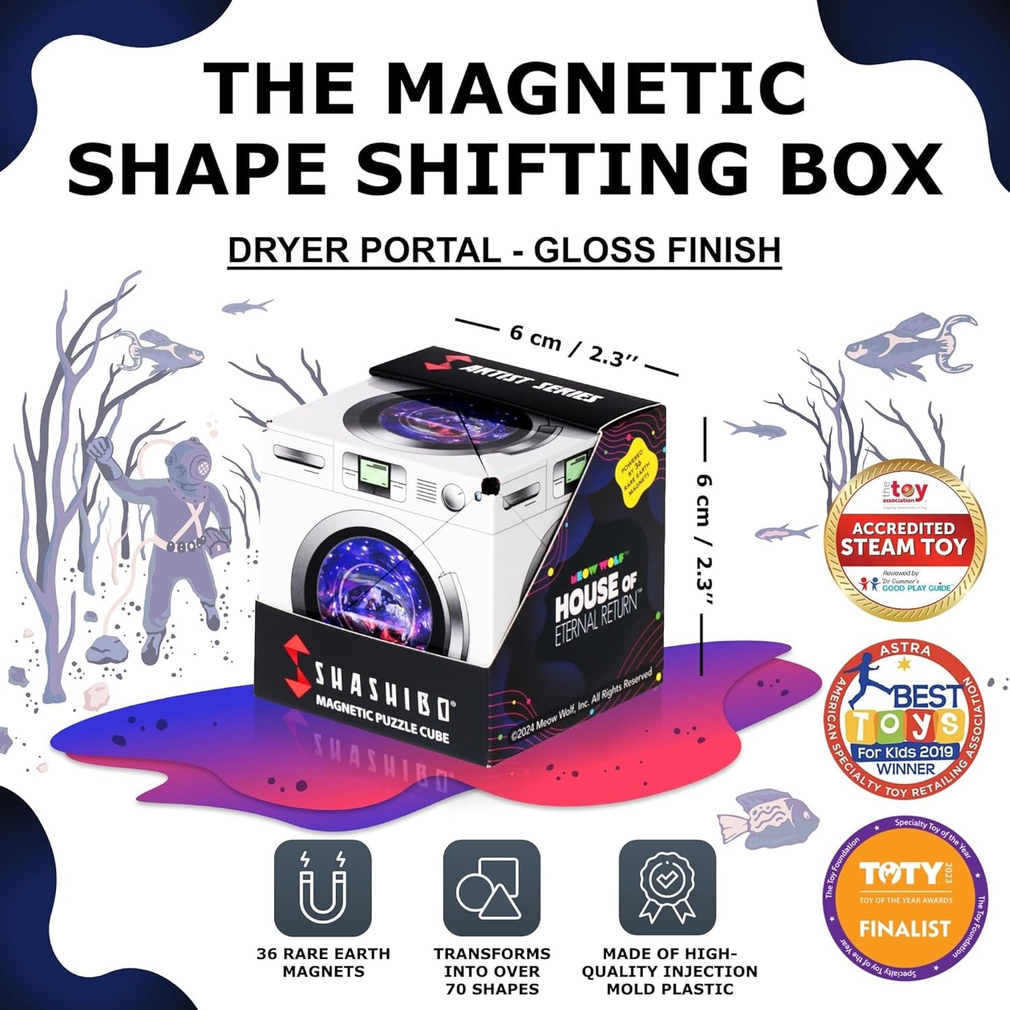 SHASHIBO Shape Shifting Box - Award-Winning Fidget Toy w/ 36 Rare Earth Magnets - Fidget Cube Transforms Into Over 70 Shapes, Sensory Toy Gift for Kids, Teens, and Adults (Dryer Portal)