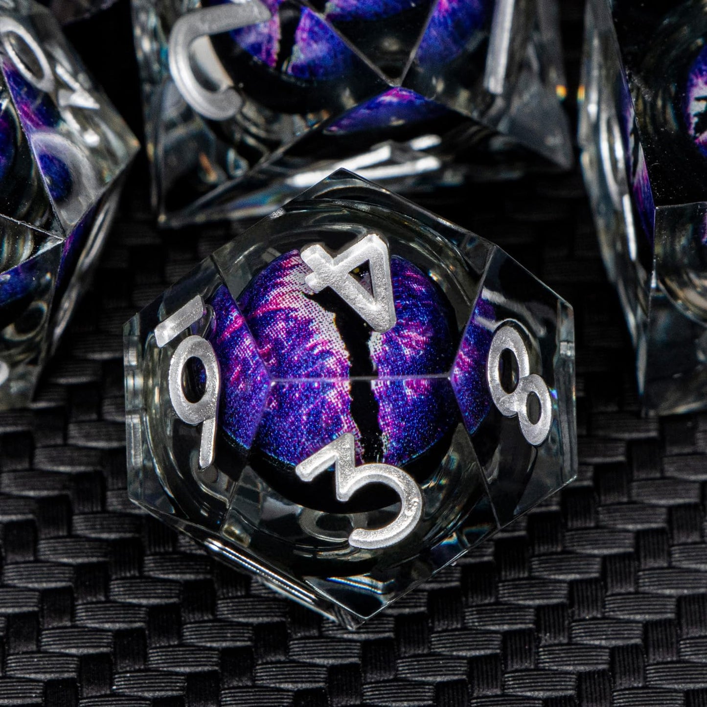ARUOHHA DND Resin Dice Dragon Eye Dice Liquid Core Purple Sharp Edged Dice Set with Gift Box, Dungeons Polyhedral D and D Dice Set Compatible with D&D Role Playing Game D20 D12 D10 D8 D6