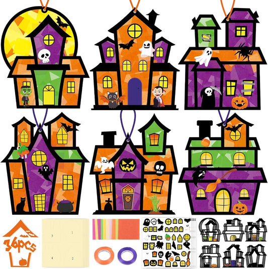 Renbuzhu 36PCS Halloweens Crafts Bulk: Haunted House Paper Suncatchers DIY Kit Party Activities Decorations, Window Stained Glass Effect Art Supplies