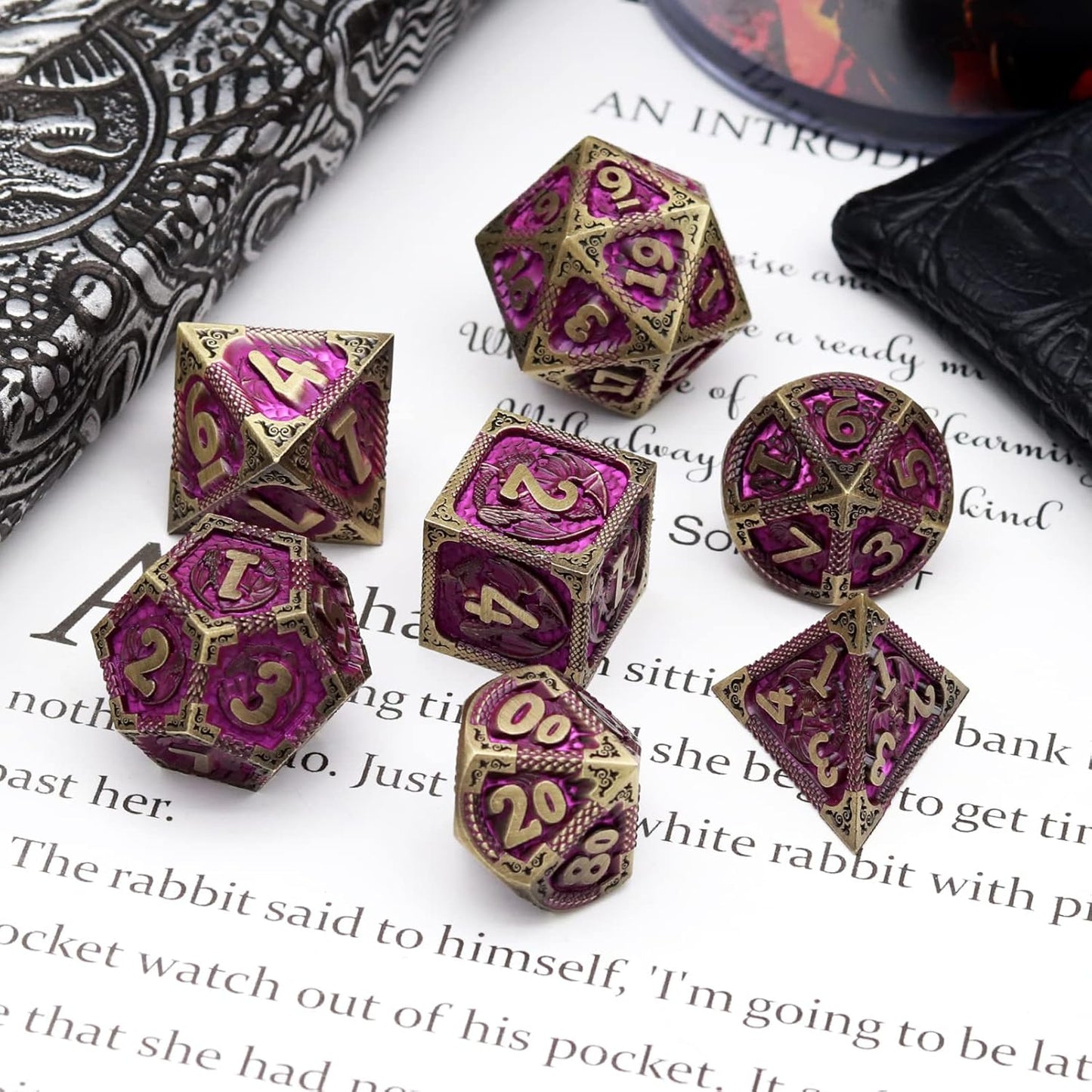 Haxtec Metal Dice Set Purple Black Dragon Pattern Metal DND Dice with Leather Dice Bag Polyhedral D&D Dice Compatible with Dungeons and Dragons TTRPG Gifts