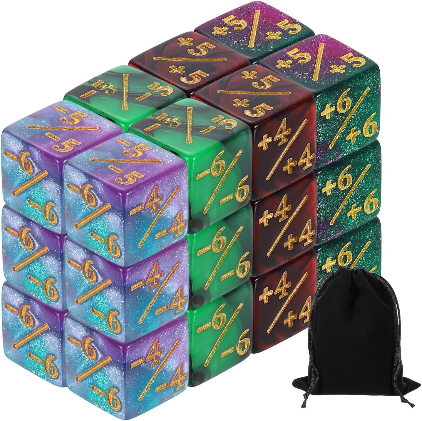 uxcell 24Pcs Magic Dice Counters, Acrylic D6 Life Token Dice Set with Pouch for Standard Cards Gaming Accessories, Red & Black, Green & Black, Green & Purple, Blue & Purple