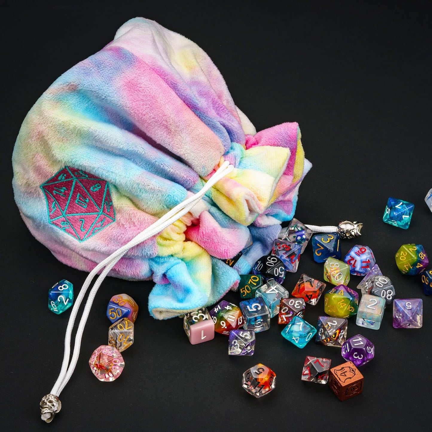 Large Dice Bags with Pockets Rainbow Storage Bag D20 Logo for DND RPG Game Dices (with 1lb Random DND Dice)