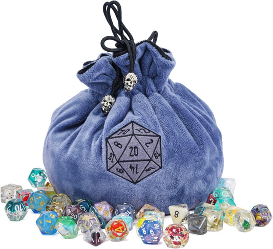 Large Dice Bags with Pockets Blue Storage Bag D20 Logo for DND RPG Game Dices (with 1lb Random DND Dice)