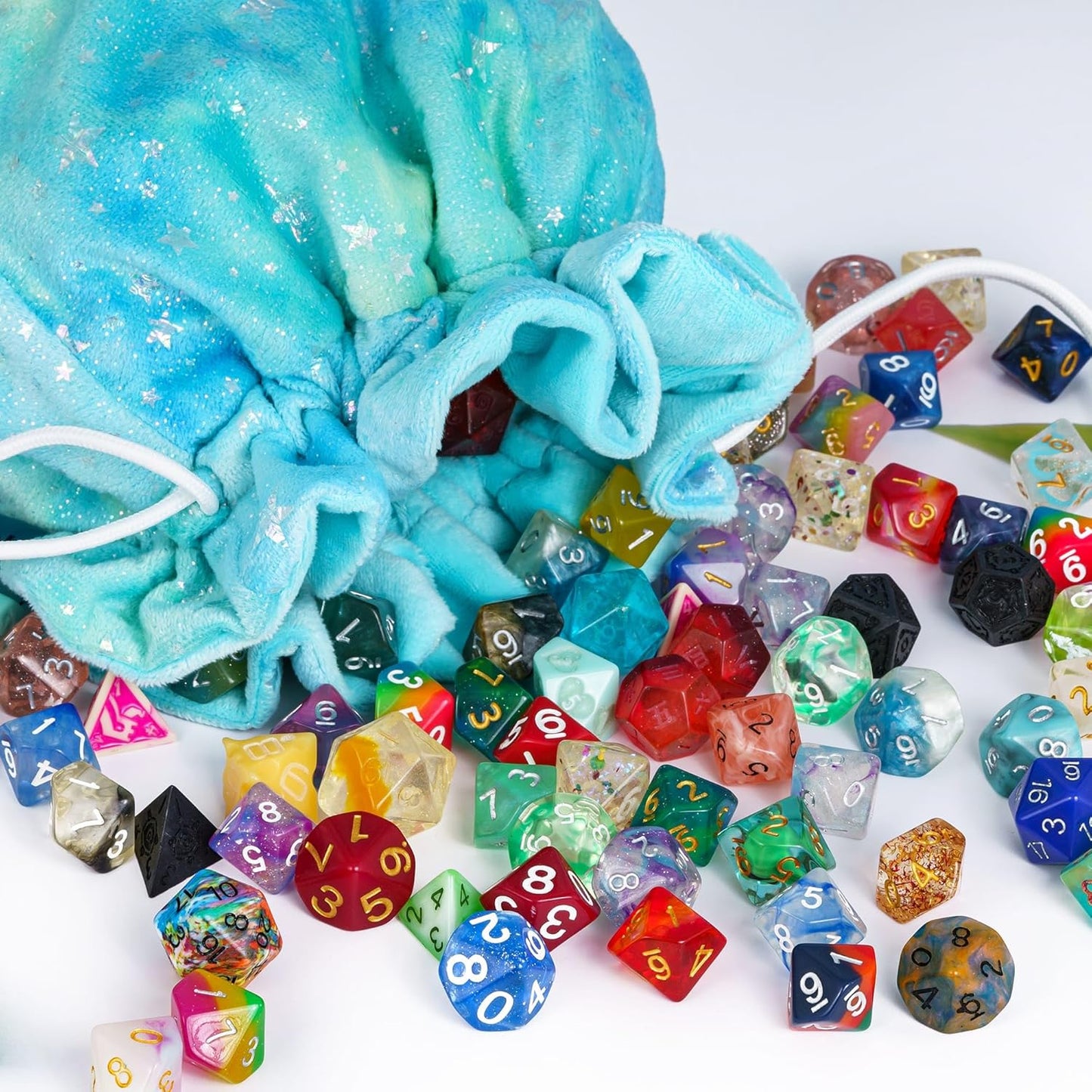DND Dice Bags Large, Cyan Dice Storage Bag Star Pattern with Pockets, for D&D RPG Game - Capacity 200+ Die