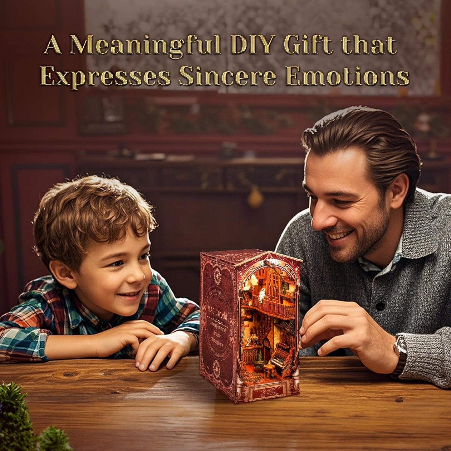 3D Wood Puzzle Book Nook Kit, DIY Magical Miniature Dollhouse with LED Light, Magic World Bookshelf Insert Bookend for Display, 3D Puzzle Craft Set for Adults (Magic World)