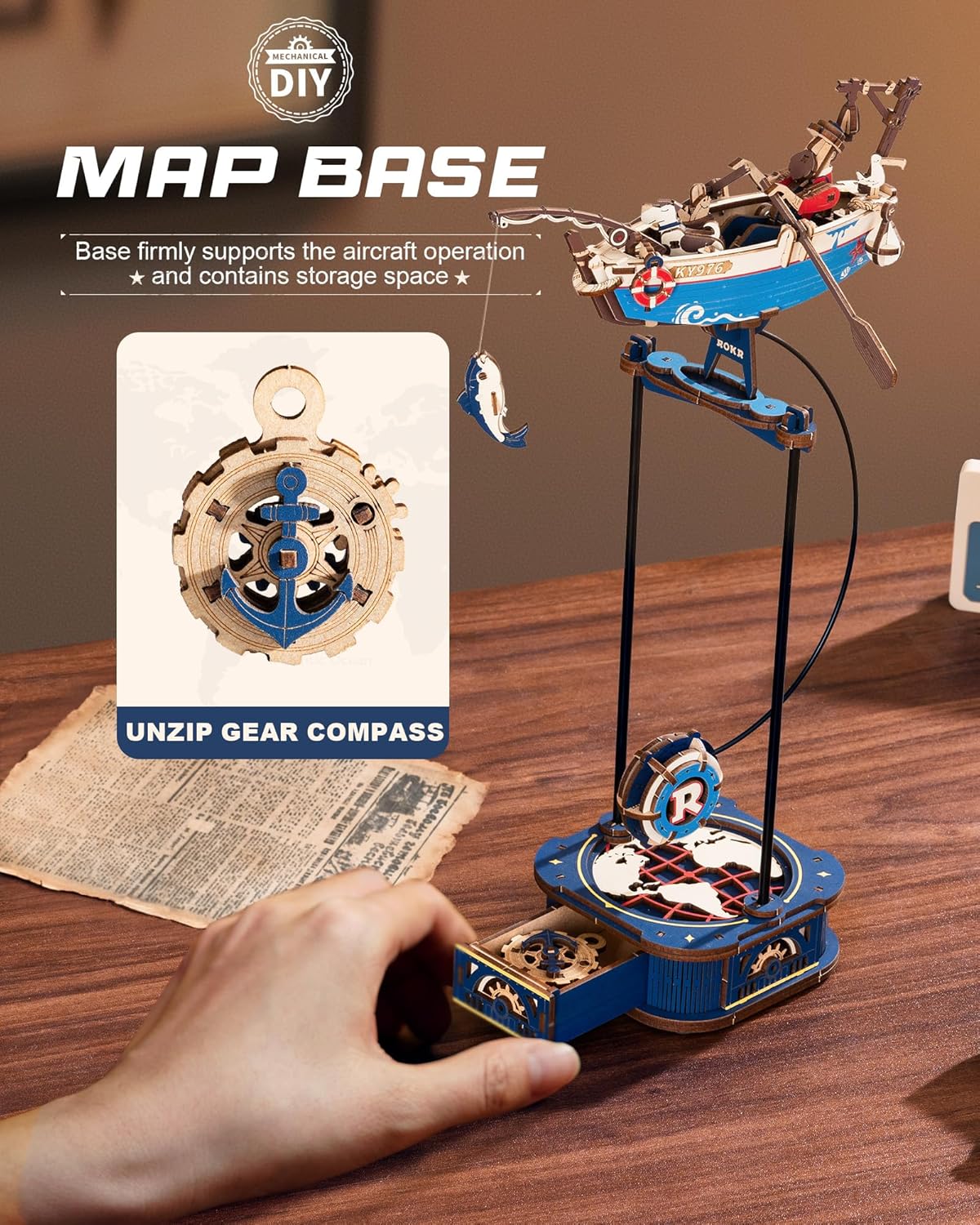 ROKR 3D Wooden Puzzles for Adults,Gravity Swing Ocean Fisher Model kit, 161Piece 3D Puzzles for Adults