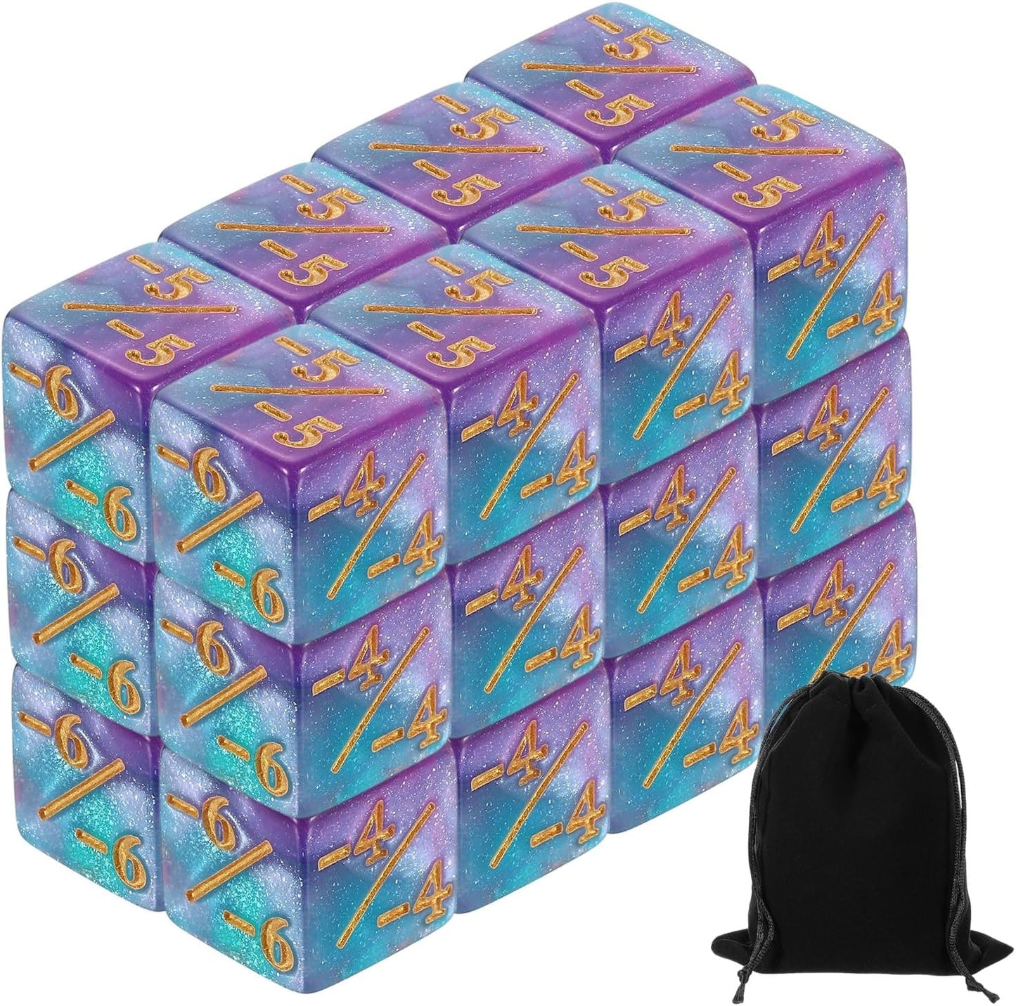 uxcell 24Pcs Magic Dice Counters, Acrylic D6 Life Token Dice Set with Pouch for Standard Cards Gaming Accessories, Blue & Purple