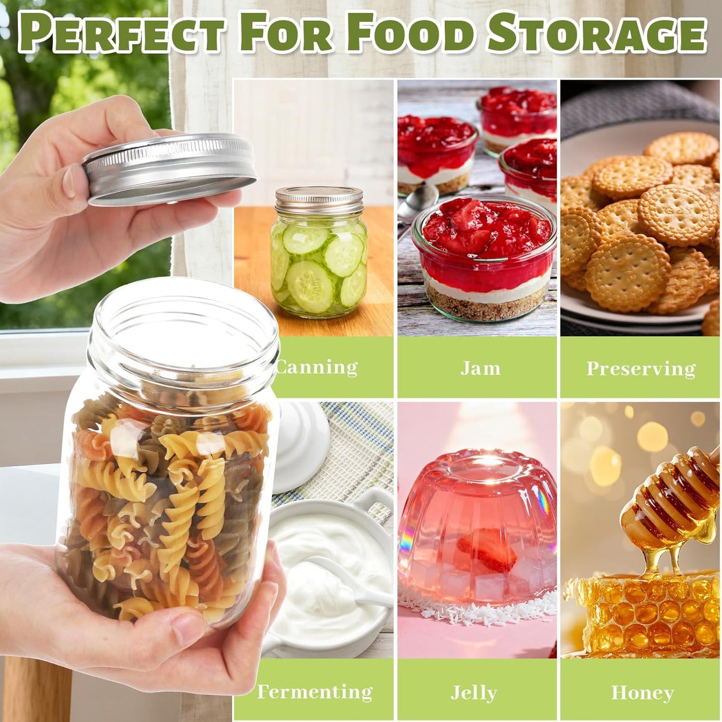 Haneye 16 oz Glass Mason Jars, 12 Pack Clear Glass Jars with Regular Lids, Canning Jars for Honey, Yogurt, Wedding Favors, Food Storage, Vegetables, Includes 40 Black Labels