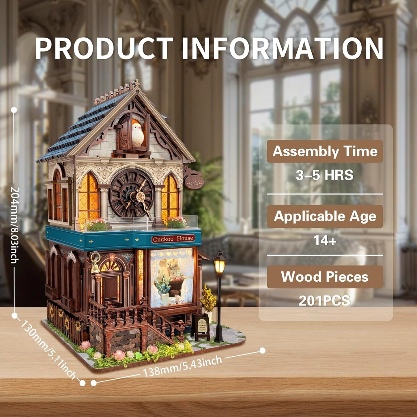 3D Wooden Puzzles - Miniature Cuckoo Clock House Kit, DIY Wooden Building Set for Adults and Teens, Mini Model Kit with 3-Mode Touch Switch - Cuckoo House (SQ-61)