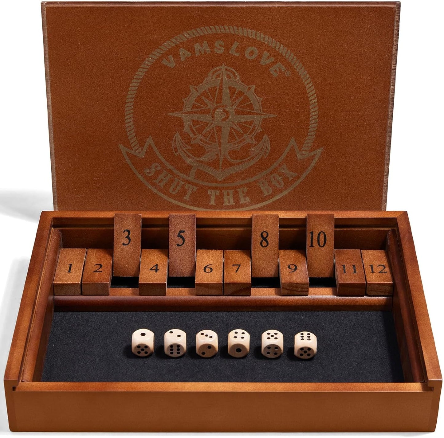 VAMSLOVE Shut The Box Dice Game Wooden Board Table Math Game for 2 Players and Up, 12 Numbers Close The Box with 6 Dice for Kids Adults Family (Instructions Included)