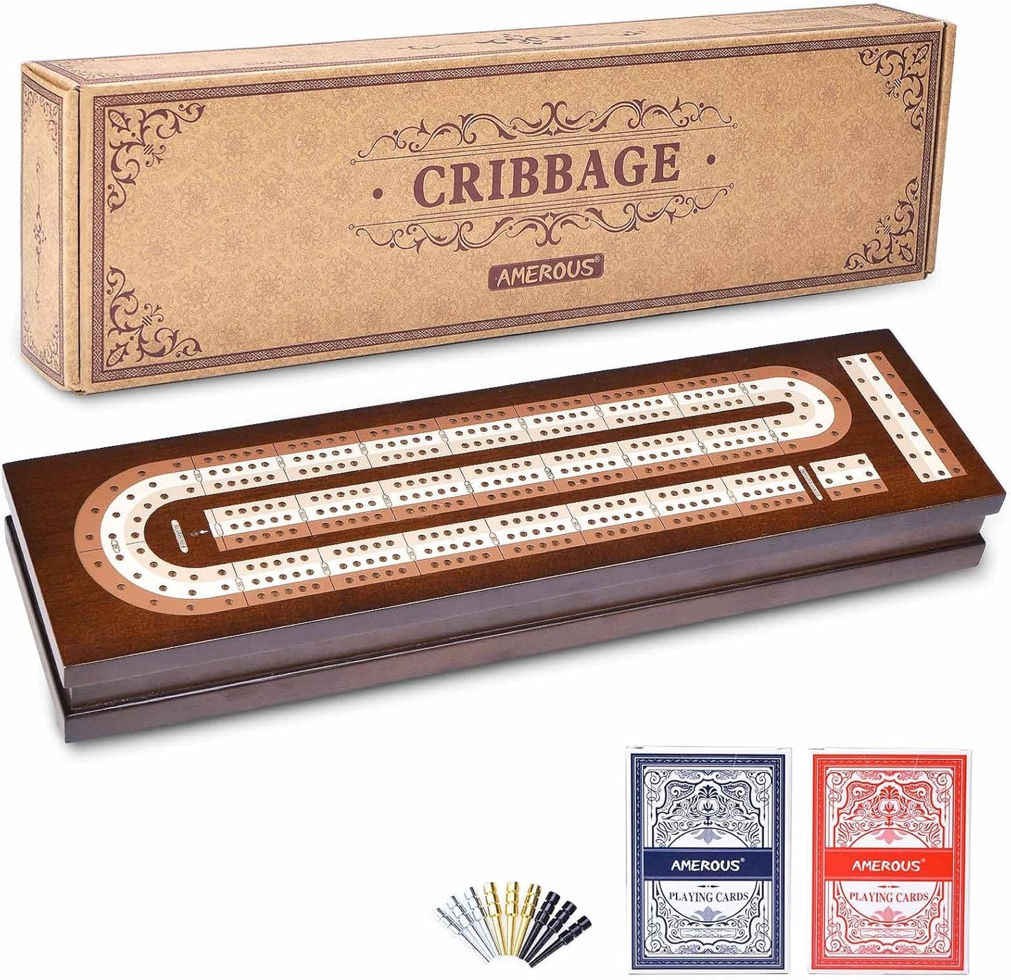 AMEROUS Wooden Cribbage Board Game Set with Magnetic Lock - Metal Pegs - 2 Playing Cards - Continuous 3 Track Board - Larger Storage Area, Travel Portable Cribbage Game Sets for Family