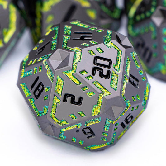 Metal DND Sci-fi Dice Set 7PCS Stripe Polyhedral Dice for Dungeons Dragons RPG Role Playing Game, Glitter D and D Dice with Gift Box D6 D8 D10 D12 D20 (Black&Green Yellow)