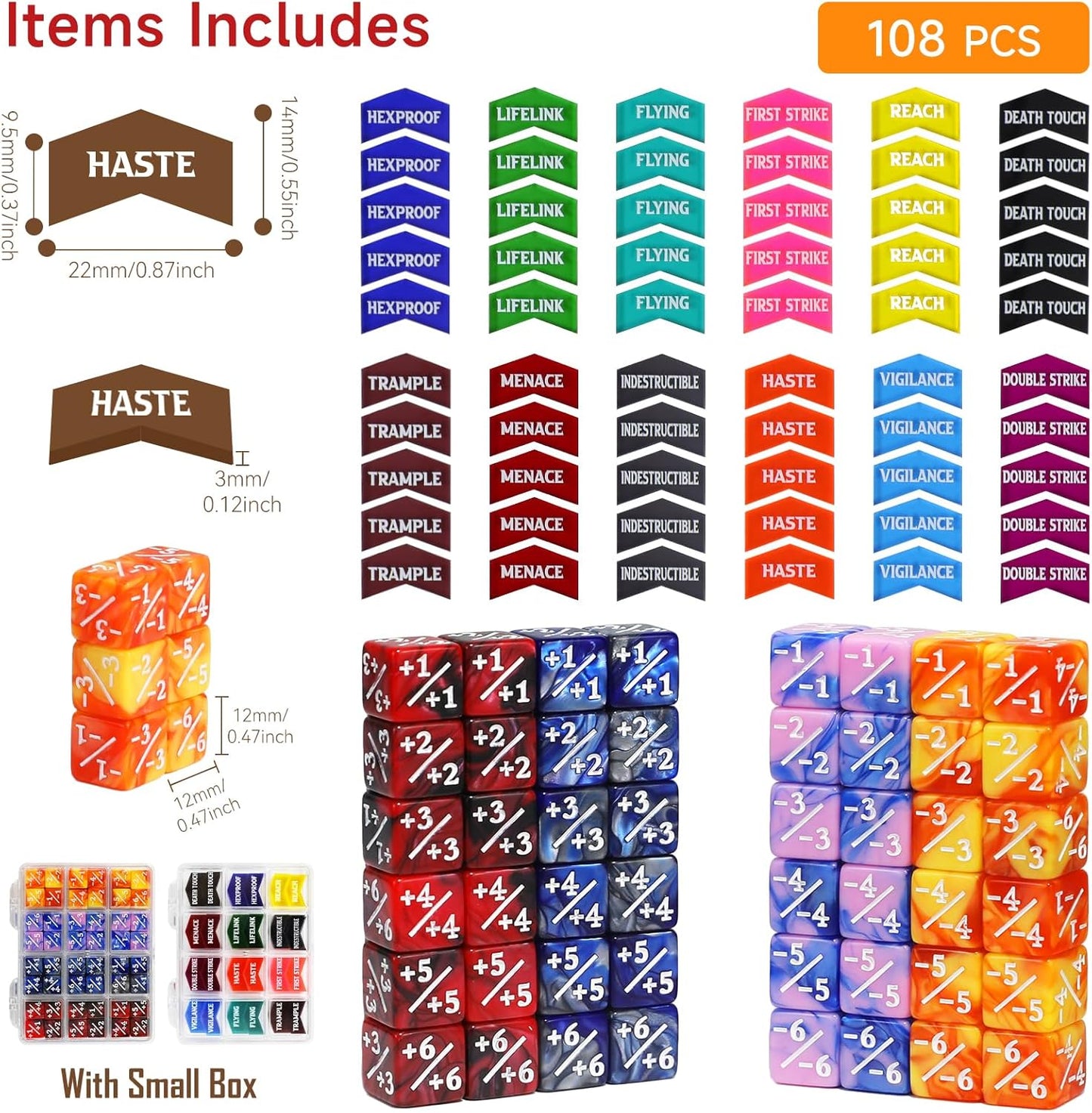 SIXPOINTS 108PCS 12mm MTG Counter Dice +1/+1 Tokens 6 Sided Dice & MTG Keyword Counters Tokens Set for Magic The Gathering, MTG, TCG, Card Games Accessories (4 Color Dices#E + MTG Keyword Counters)