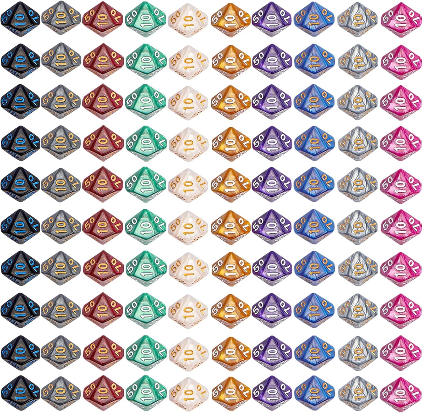 CiaraQ DND Polyhedral Dice (100pcs) with A Dice Bag Compatible with Dungeons and Dragons DND RPG MTG Role Playing Table Games (D% dice, 10 colors-100 pcs)