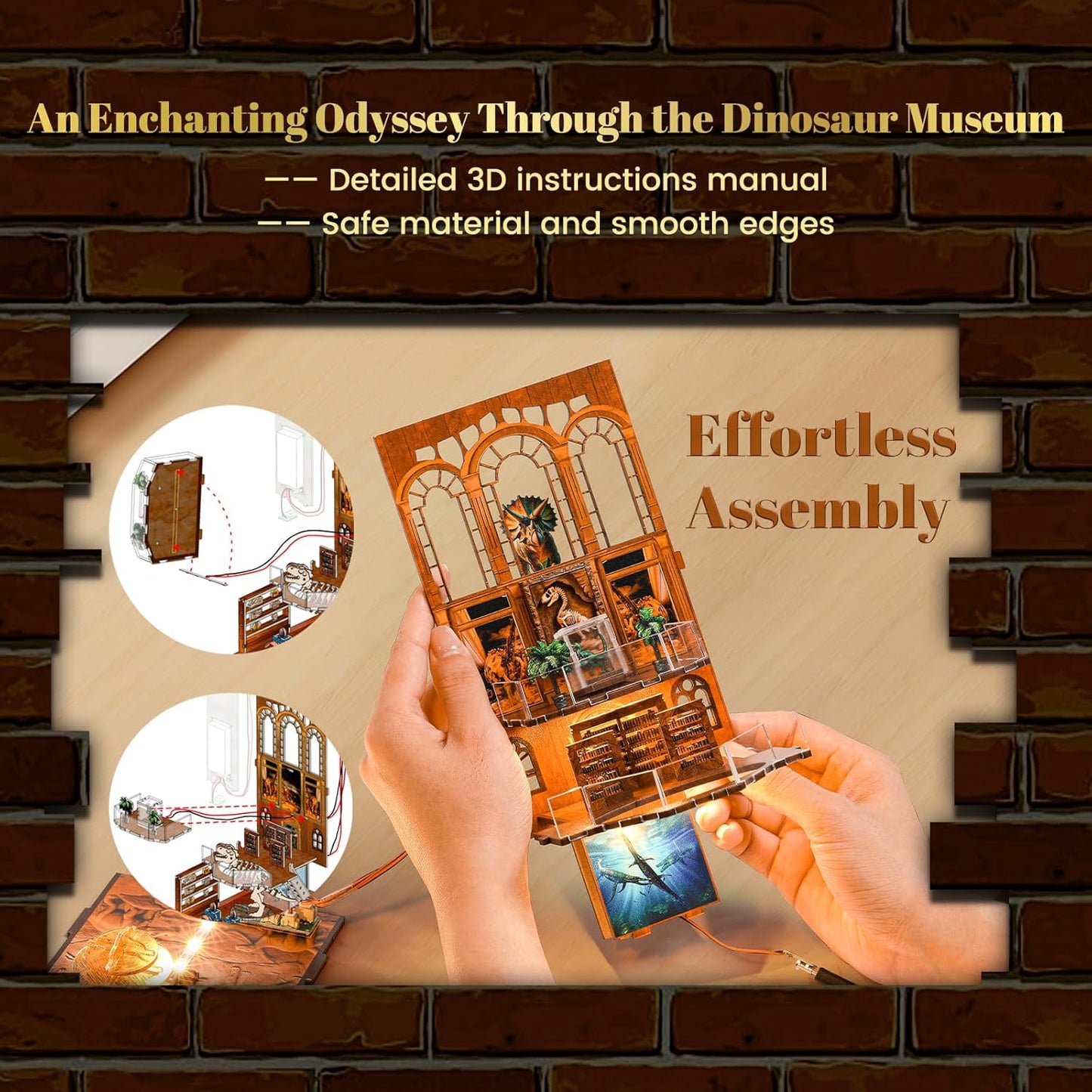 Book Nook Kit – DIY Wooden Miniature House Kits, Stunning Bookshelf Insert Decor, Ideal Gift for Holidays, Birthdays（Dinosaur Museum）