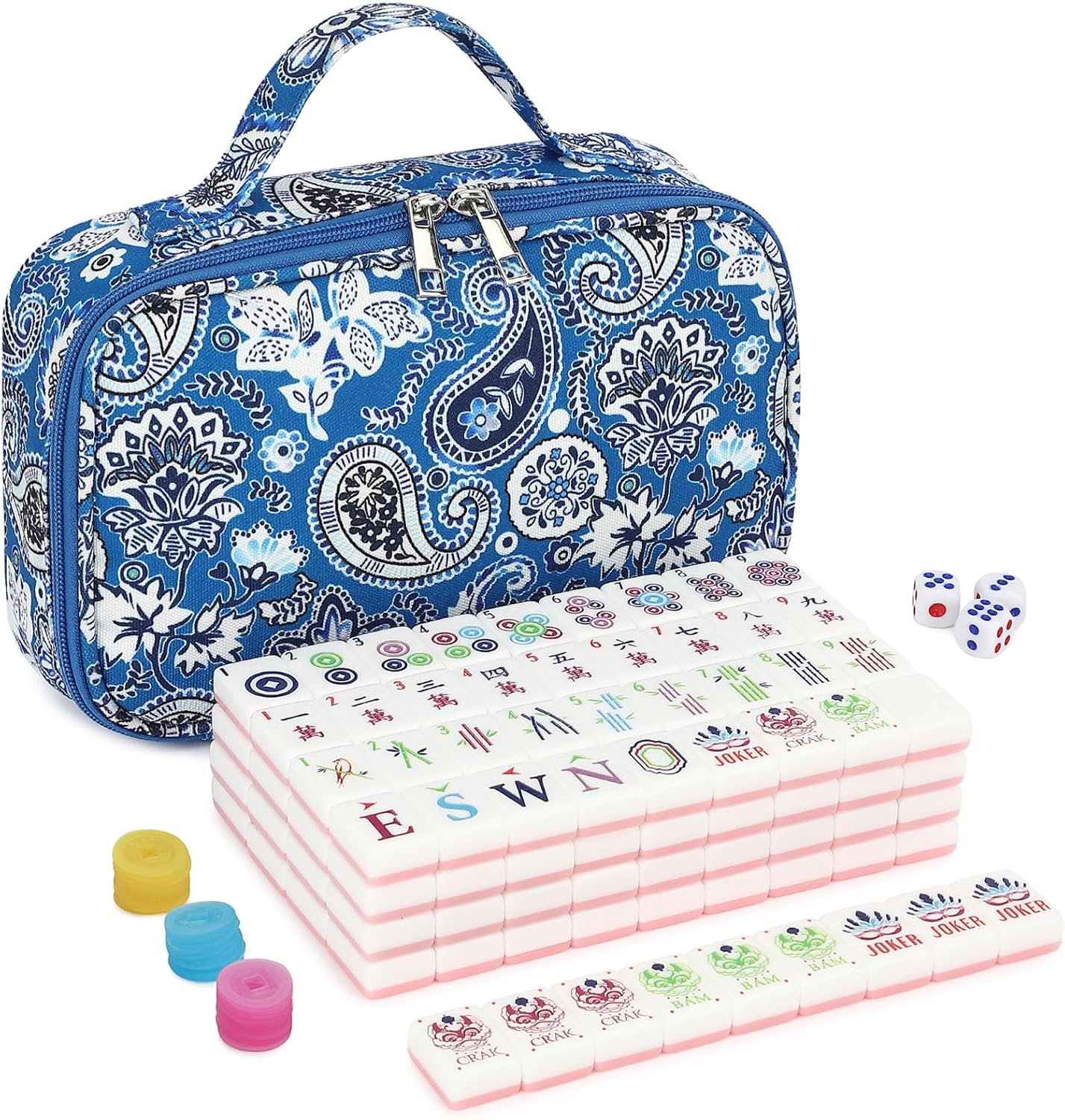 American Mahjong Tile Set,166 Tiles White Pink Acrylic Carving Tiles,Mahjong Game Set with Portable Travel case(Racks Not Included)