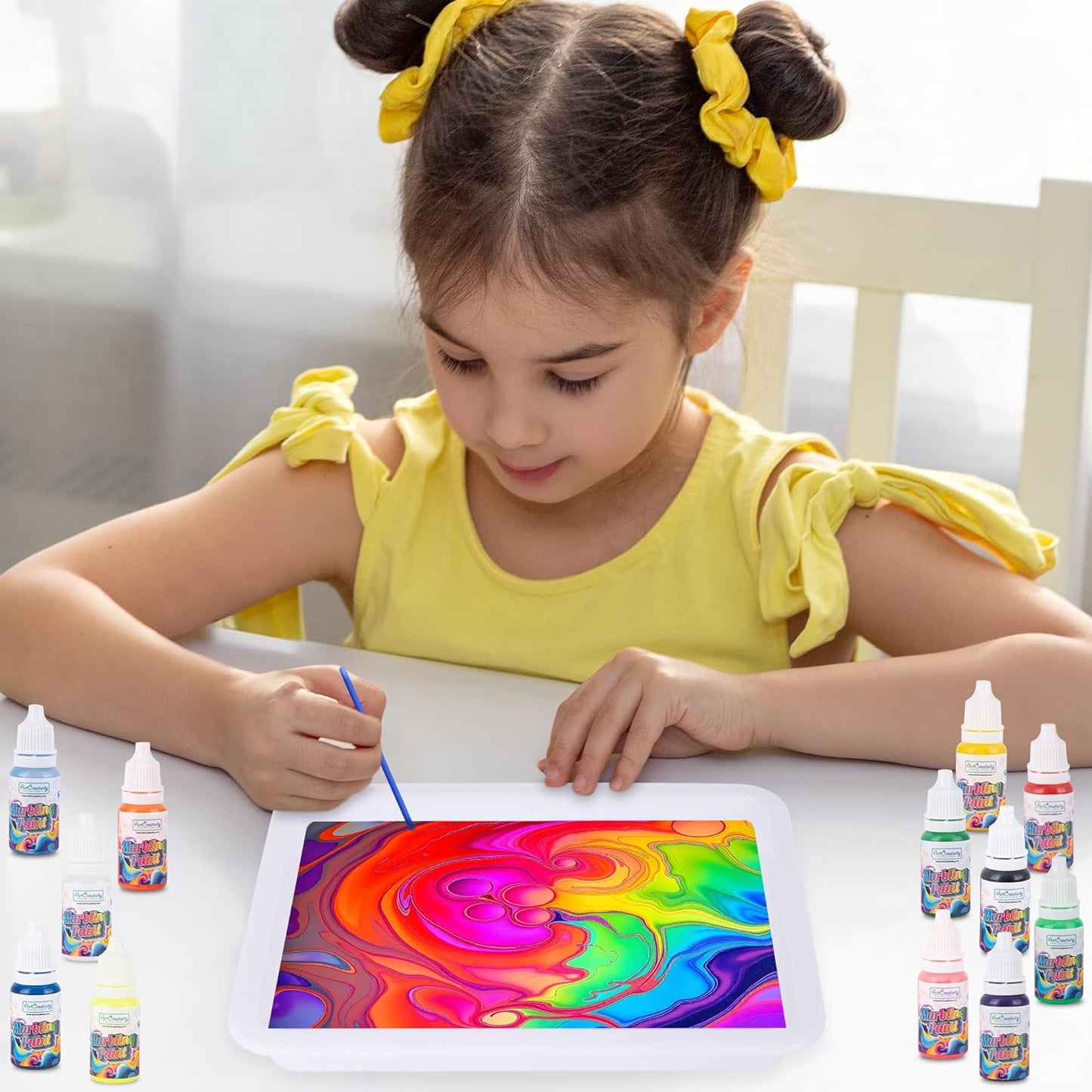 ArtCreativity Water Marbling Paint Art Kit for Kids - Complete Set with 12 Paint Colors, 10 Bags Thickening Powder, 10 A5 Papers, and More - Marble Art Painting Kit - Crafts for Kids Ages 3 and Up
